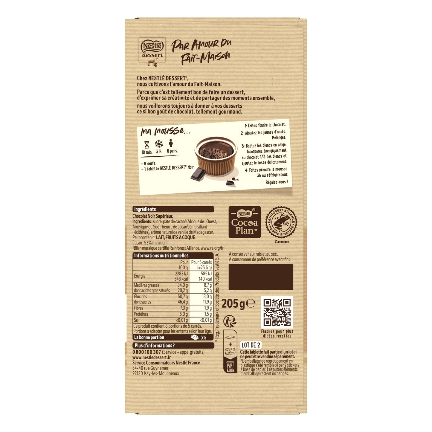 Tablette de Chocolat Noir Dessert NESTLE