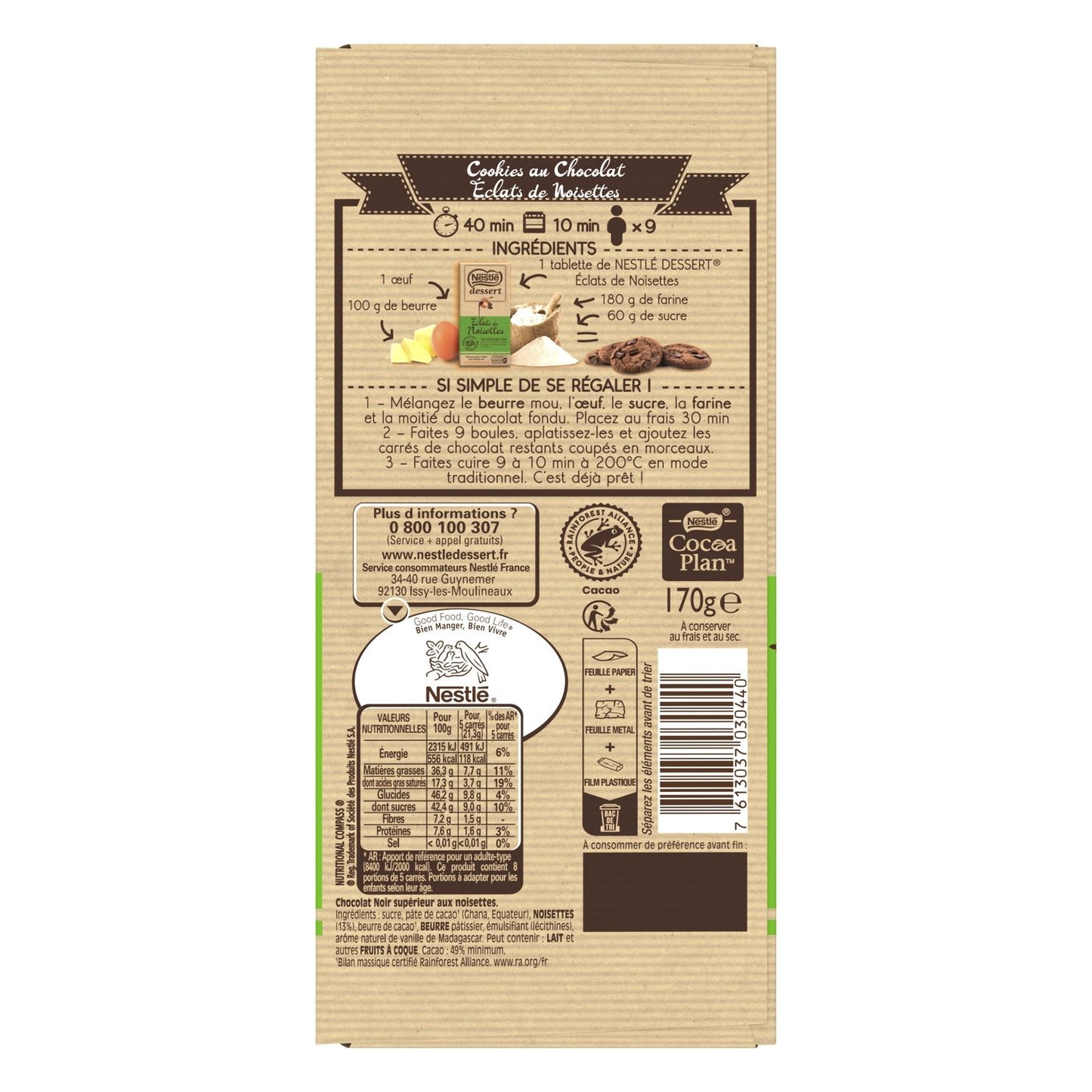 Tablette de Chocolat Noir aux Éclats de Noisettes NESTLE DESSERT