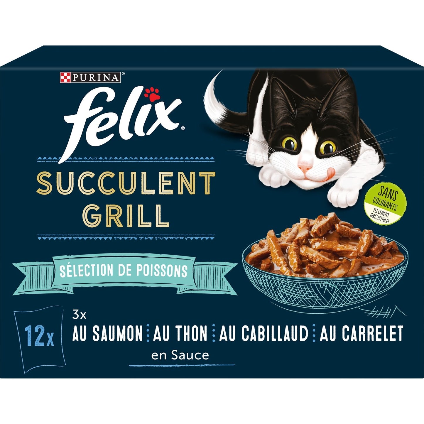 Pâtée pour Chat Adulte en Sauce Saumon Thon Cabillaud Carrelet Succulent Grill FELIX Les 12 sachets de 80g