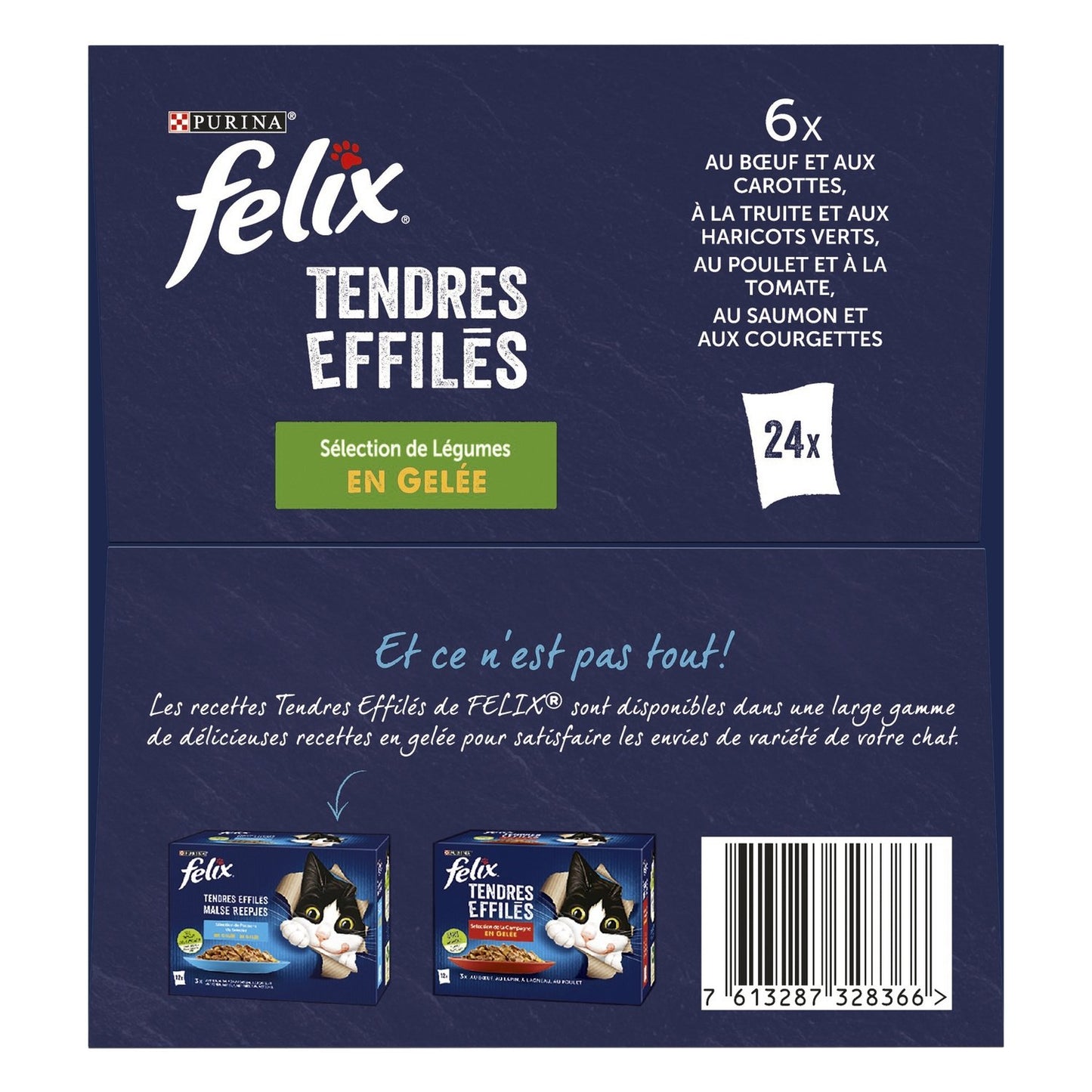 Pâtée pour Chat Adulte Tendres Effilés en Gelée Boeuf Truite Poulet Saumon Légumes FELIX