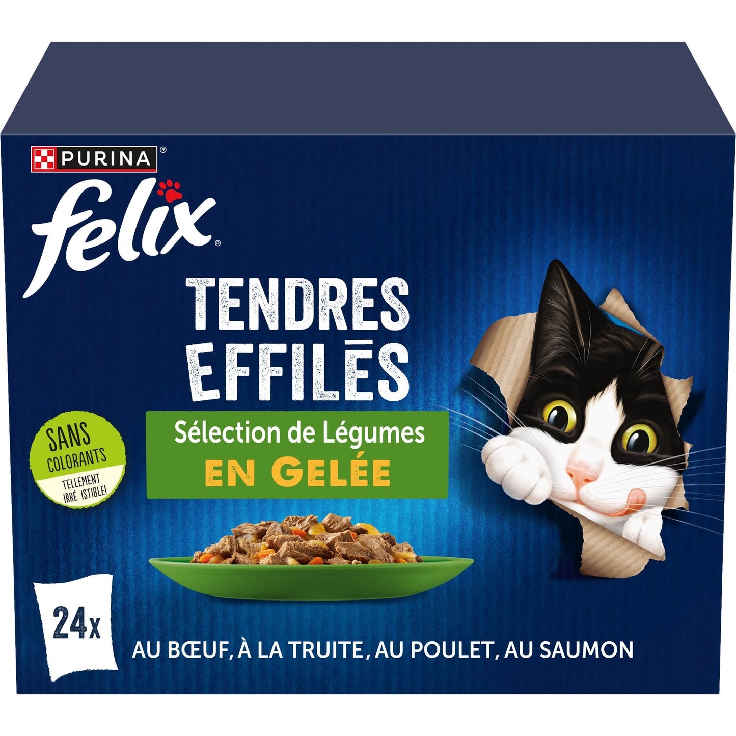 Pâtée pour Chat Adulte Tendres Effilés en Gelée Boeuf Truite Poulet Saumon Légumes FELIX Les 24 sachets de 85g