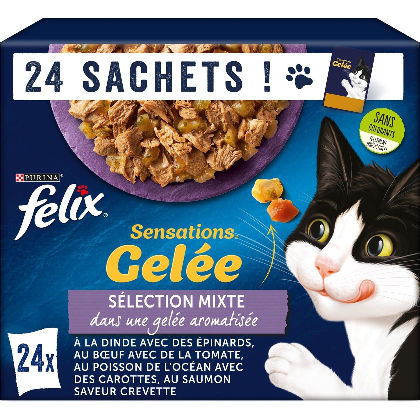 Pâtée pour Chat Adulte en Gelée Dinde Boeuf Poisson Légume Sensations FELIX Les 24 sachets de 85g