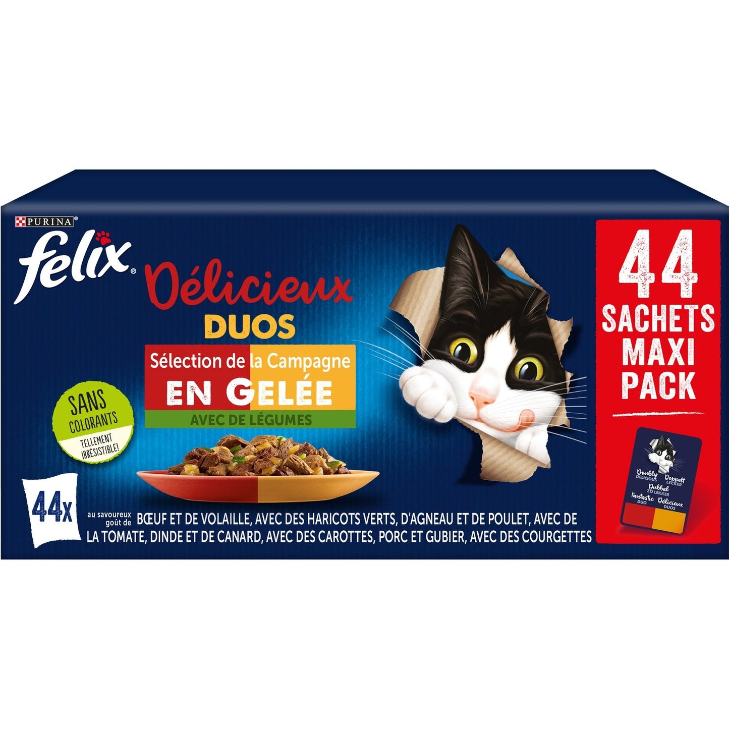 Pâtée pour Chat Adulte Délicieux Duos en Gelée Sélection Campagne Légume FELIX Les 44 sachets de 85g