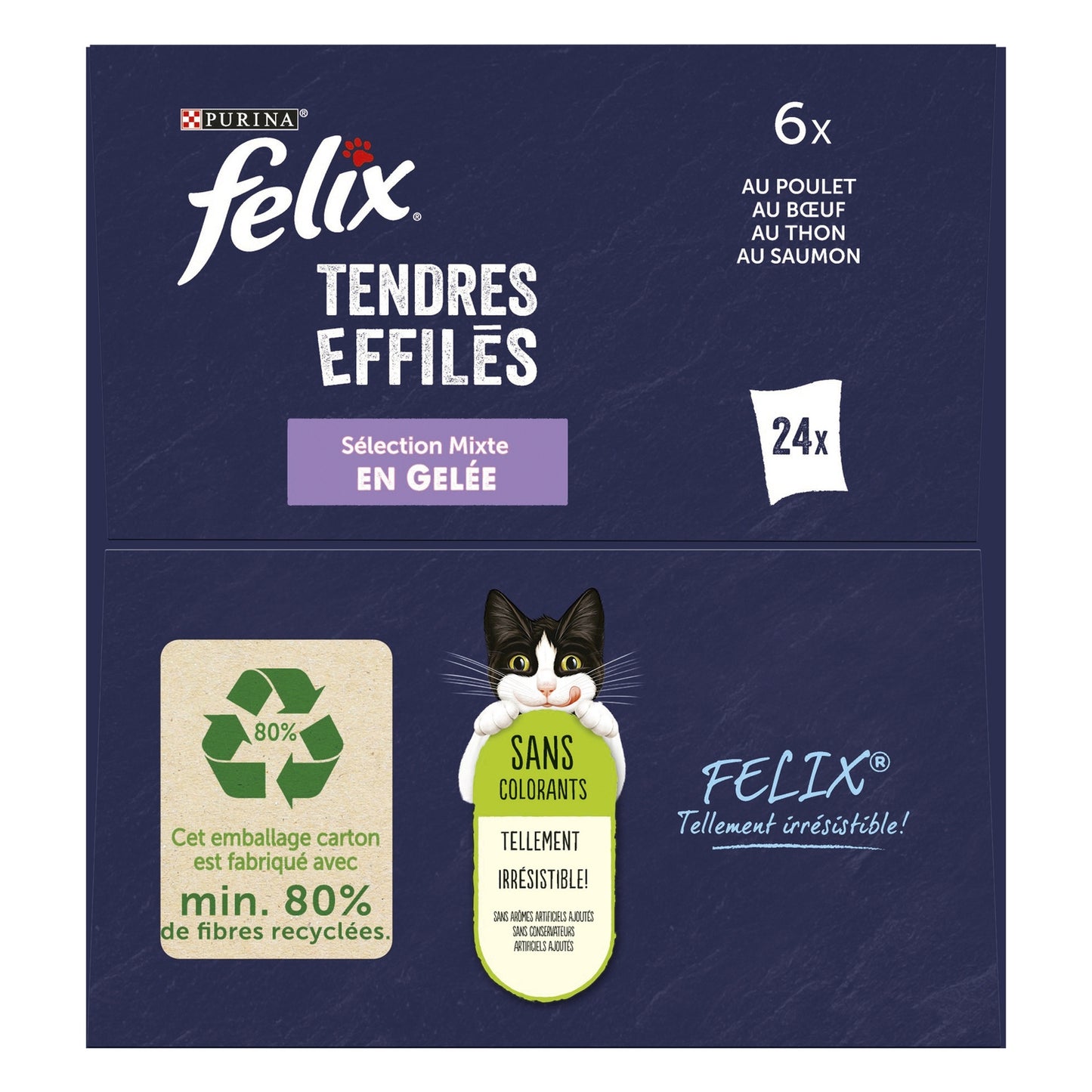 Pâtée pour Chat Adulte Tendres Effilés en Gelée Poulet Boeuf Thon Saumon FELIX