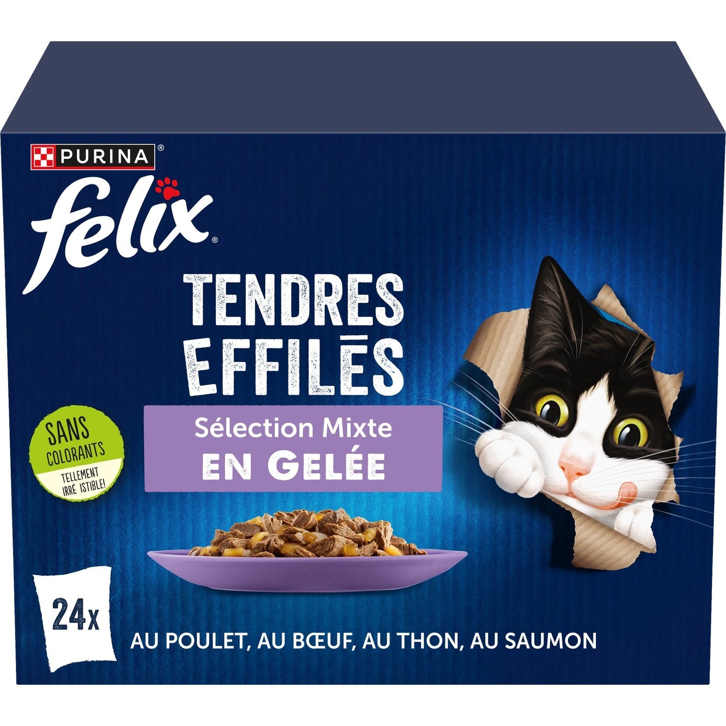 Pâtée pour Chat Adulte Tendres Effilés en Gelée Poulet Boeuf Thon Saumon FELIX Les 24 sachets de 85g