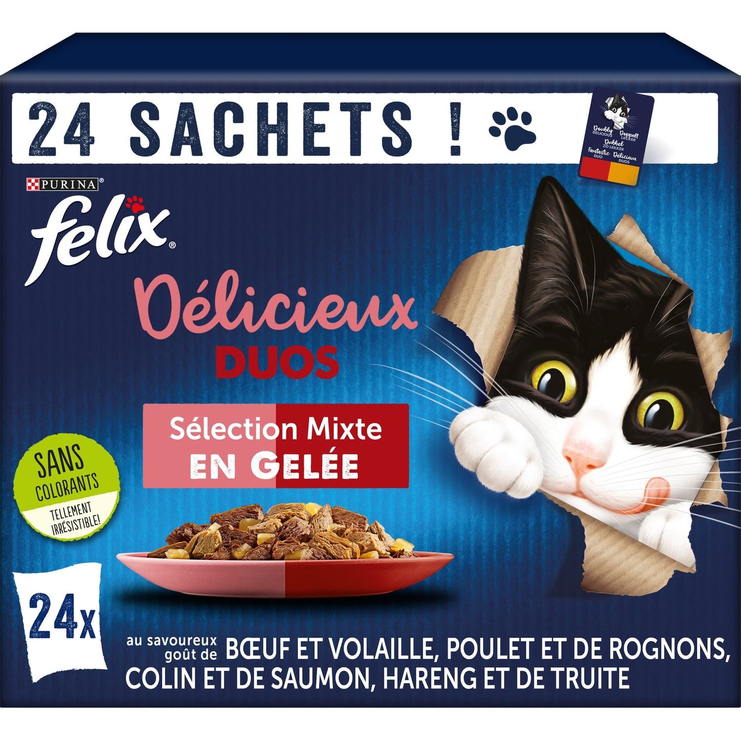 Pâtée pour Chat Adulte en Gelée Viande Poisson Délicieux Duos FELIX Les 24 sachets de 85g