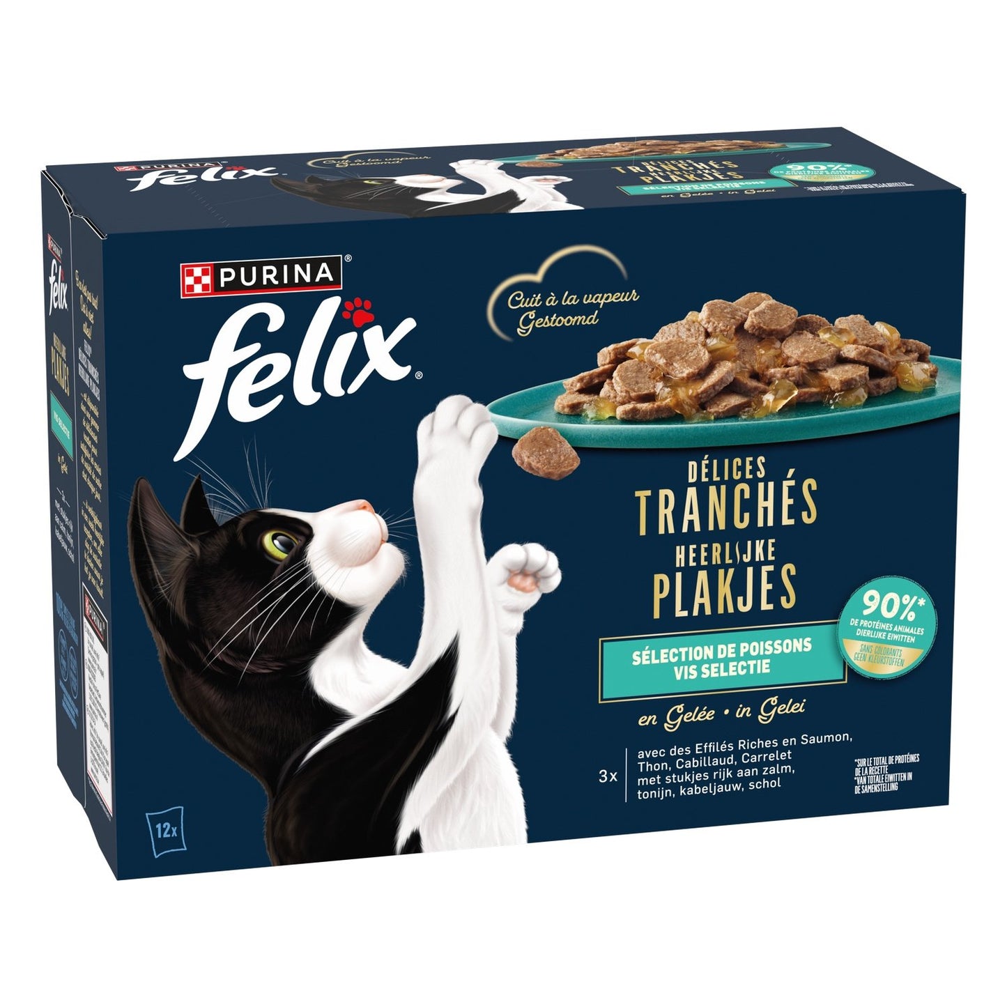 Pâtée pour Chat Adulte en Gelée Saumon Thon Cabillaud Carrelet Délices Tranchés FELIX Les 12 sachets de 80g