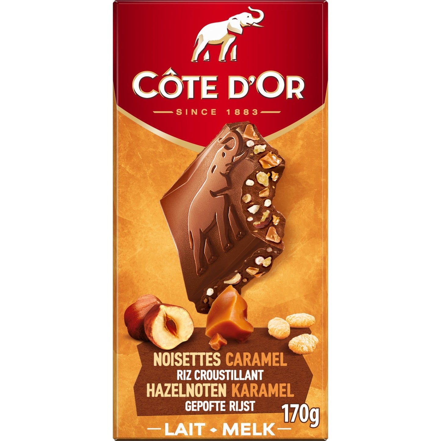Tablette de Chocolat Lait Noisettes Caramel Riz Croustillant COTE D'OR la tablette de 170 g