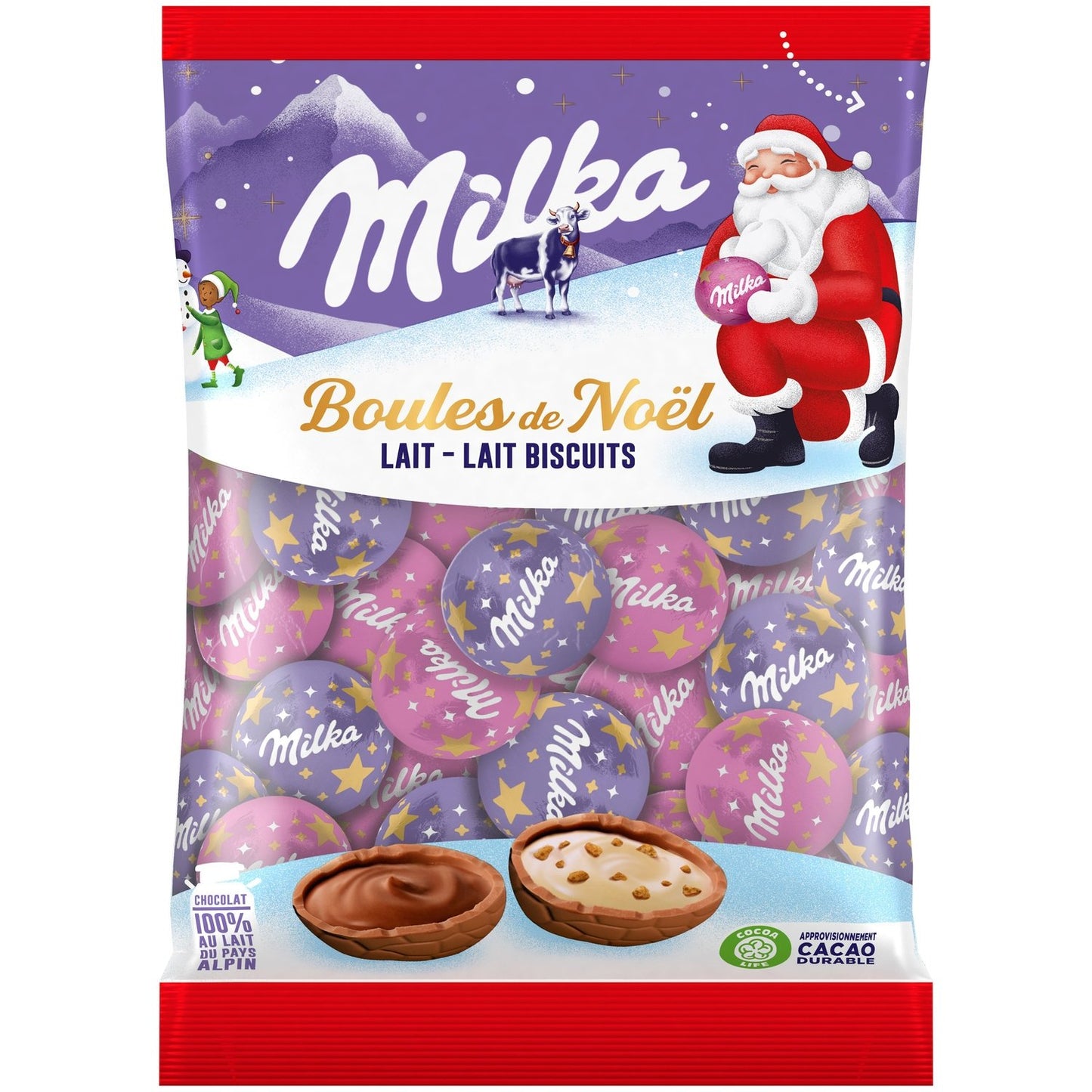 Assortiment de Chocolats Lait et Biscuit Boules de Noël MILKA - Gamme de Noël 2025 Le sachet de 350 g