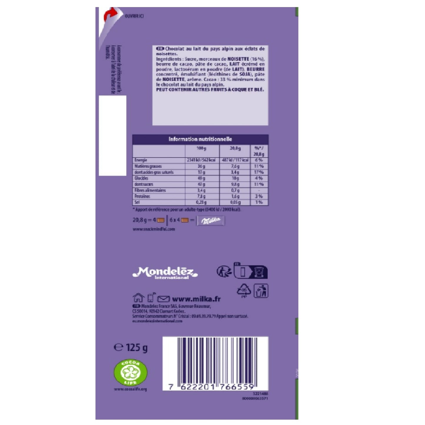 Milchschokoladentafel mit Haselnussstückchen MILKA