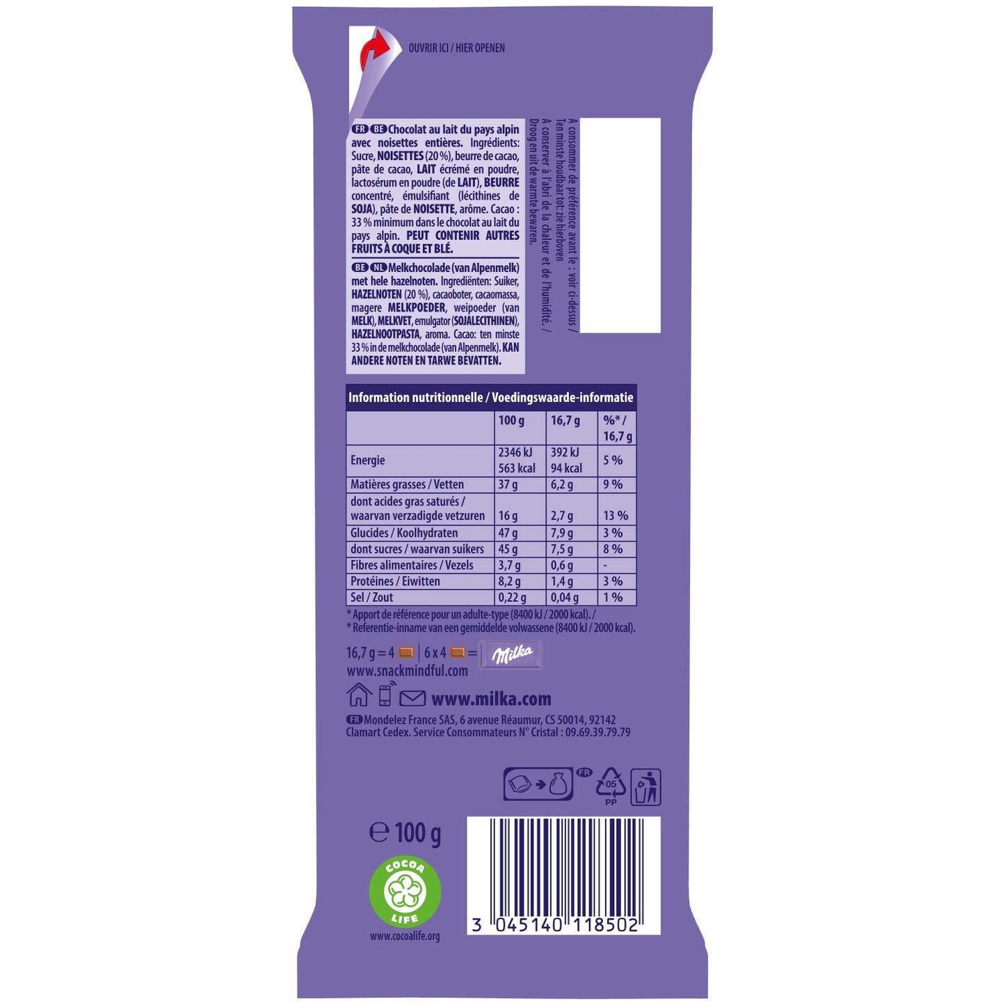 Tablette de Chocolat Lait Noisettes Entières MILKA