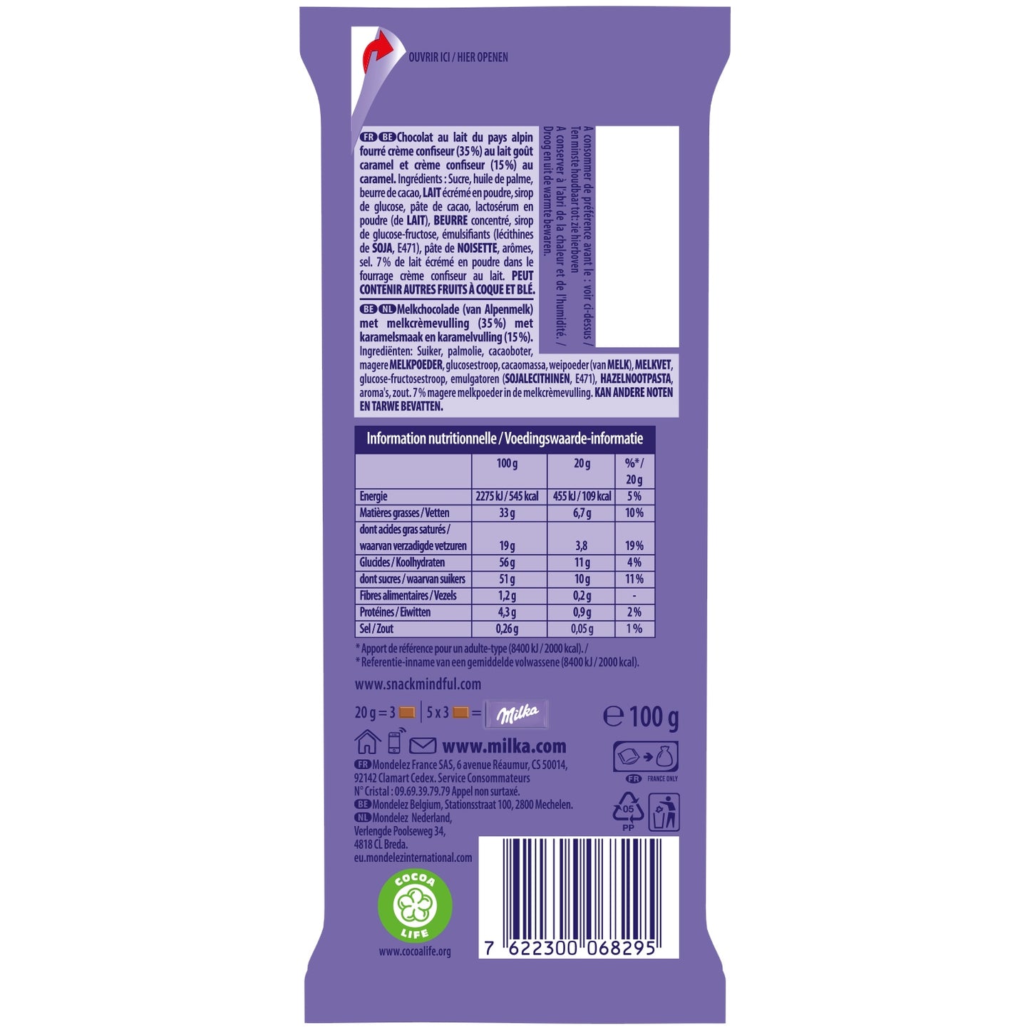 Tablette de Chocolat au Lait Fourré à la Crème et au Caramel MILKA