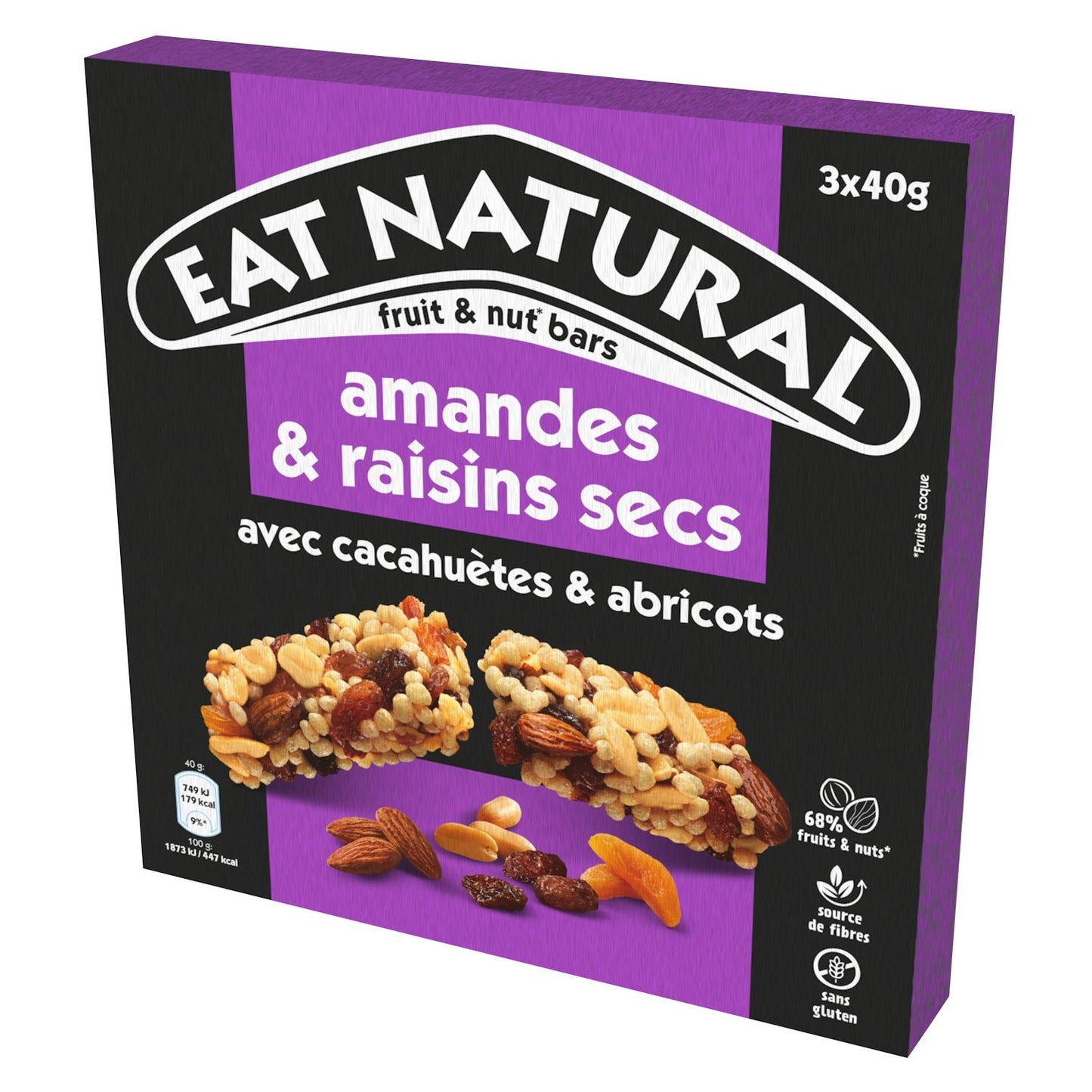 Barres Céréales Amandes Raisins Secs et Abricots Sans Gluten EAT NATURAL les 3 barres de 40g