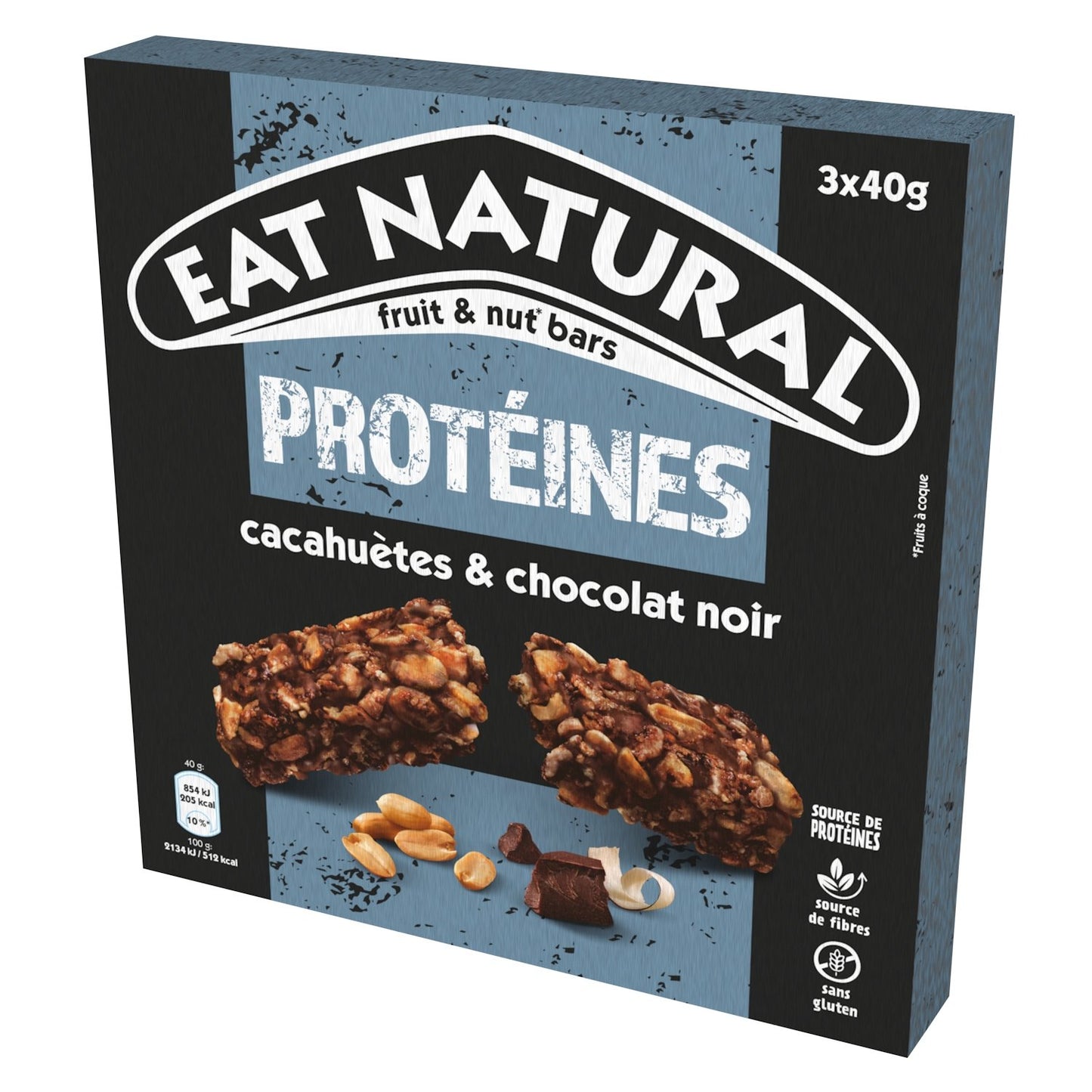 Barres Céréales Protéines Cacahuètes et Chocolat Noir Sans Gluten EAT NATURAL les 3 barres de 40g