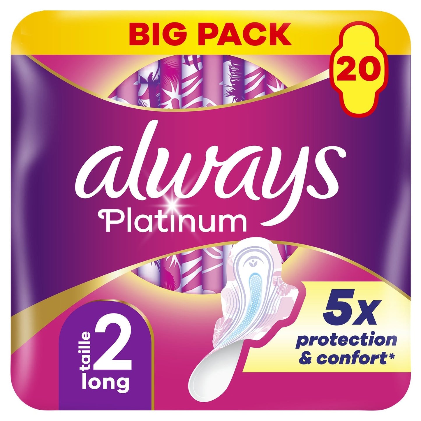 Serviettes Hygiéniques avec Ailettes Long Taille 2 Platinum ALWAYS le pack de 20 serviettes hygiéniques