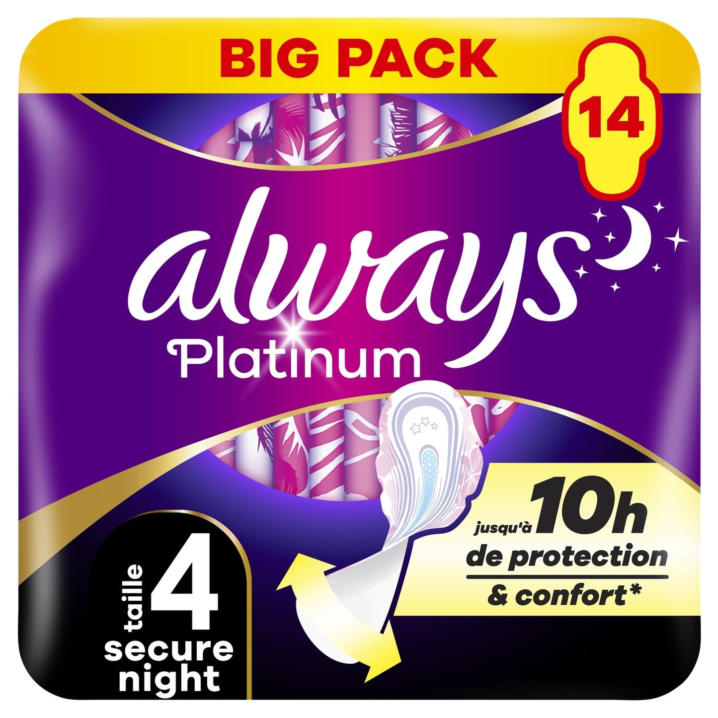 Serviettes Hygiéniques avec Ailettes Secure Nuit Taille 4 Platinum ALWAYS le pack de 14 serviettes hygiéniques