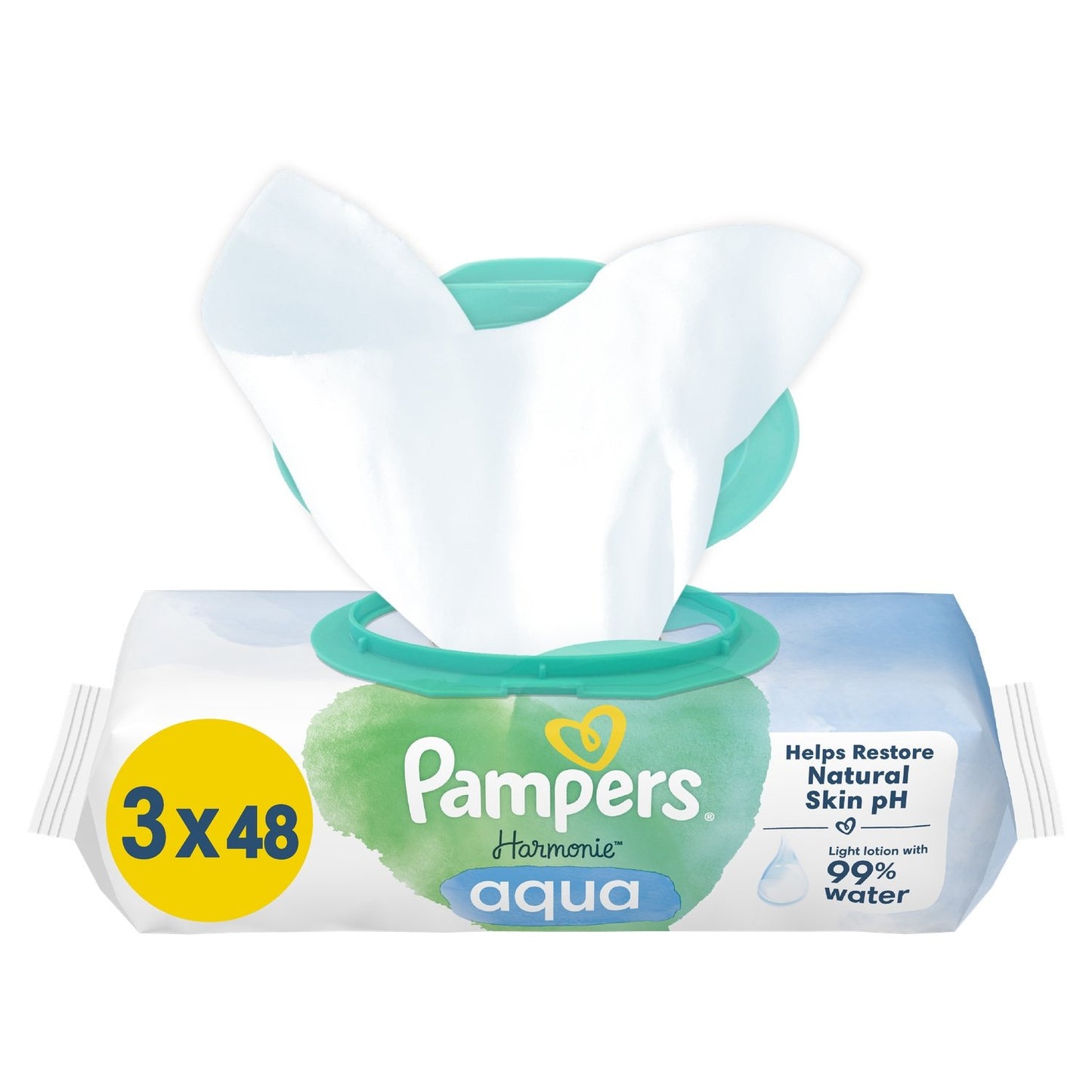 Lingettes Bébé Nettoyantes Corps Mains et Visage Aqua 0% Plastique Harmonie PAMPERS les 3 paquets de 48 lingettes