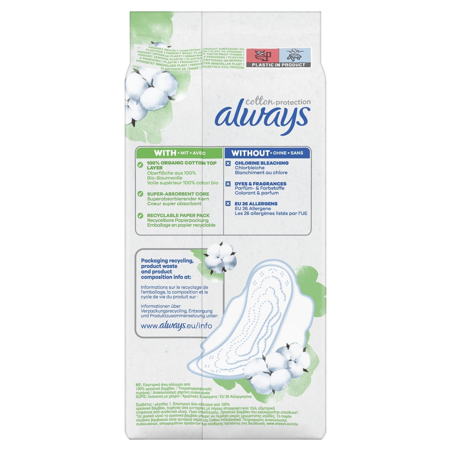 Serviettes Hygiéniques avec Ailettes Normal Taille 1 100% Coton Bio ALWAYS