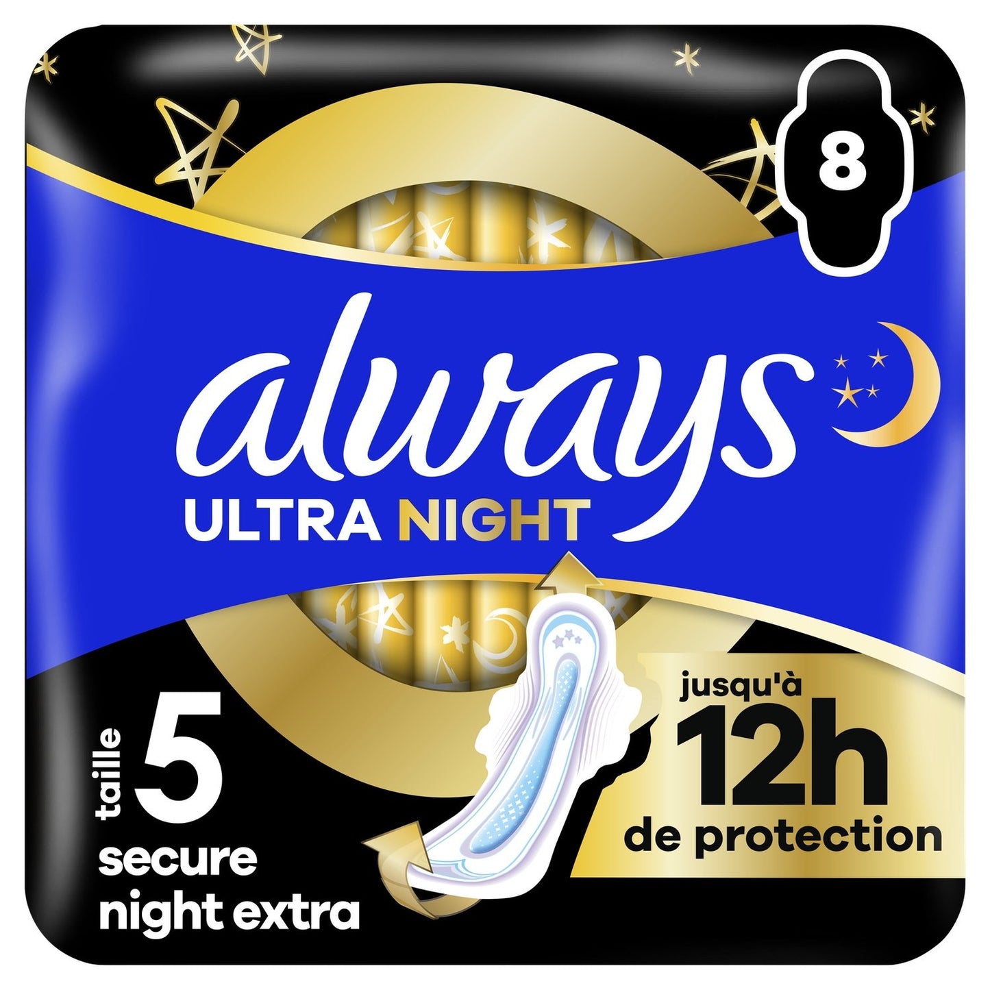 Serviettes Hygiéniques avec Ailettes Nuit Taille 5 Ultra Secure Night Extra ALWAYS le pack de 8 serviettes hygiéniques