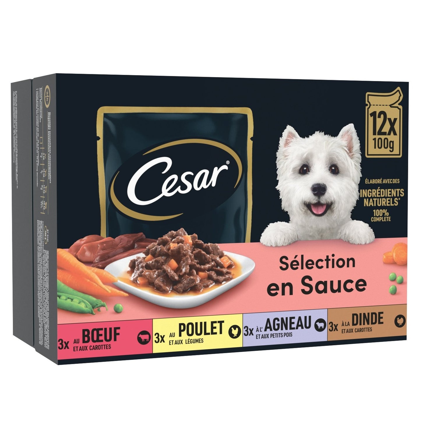 Pâtée pour Chien Adulte Bouchée en Sauce Boeuf Poulet Agneau Dinde CESAR la boîte de 12 sachets fraîcheur