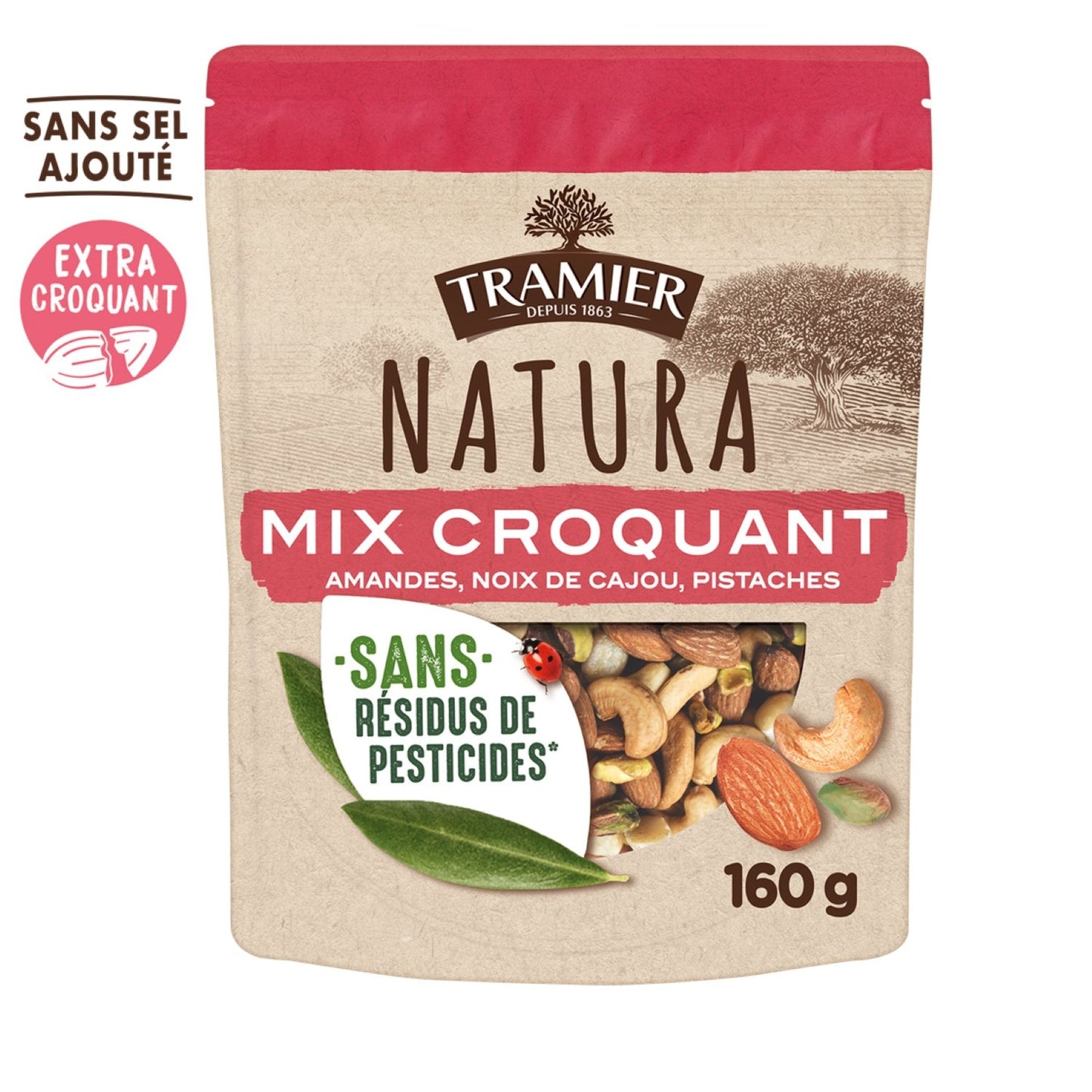 Mélange Mix Croquant Amandes Noix de Cajou Pistaches Sans Sel Ajouté TRAMIER le paquet de 175g