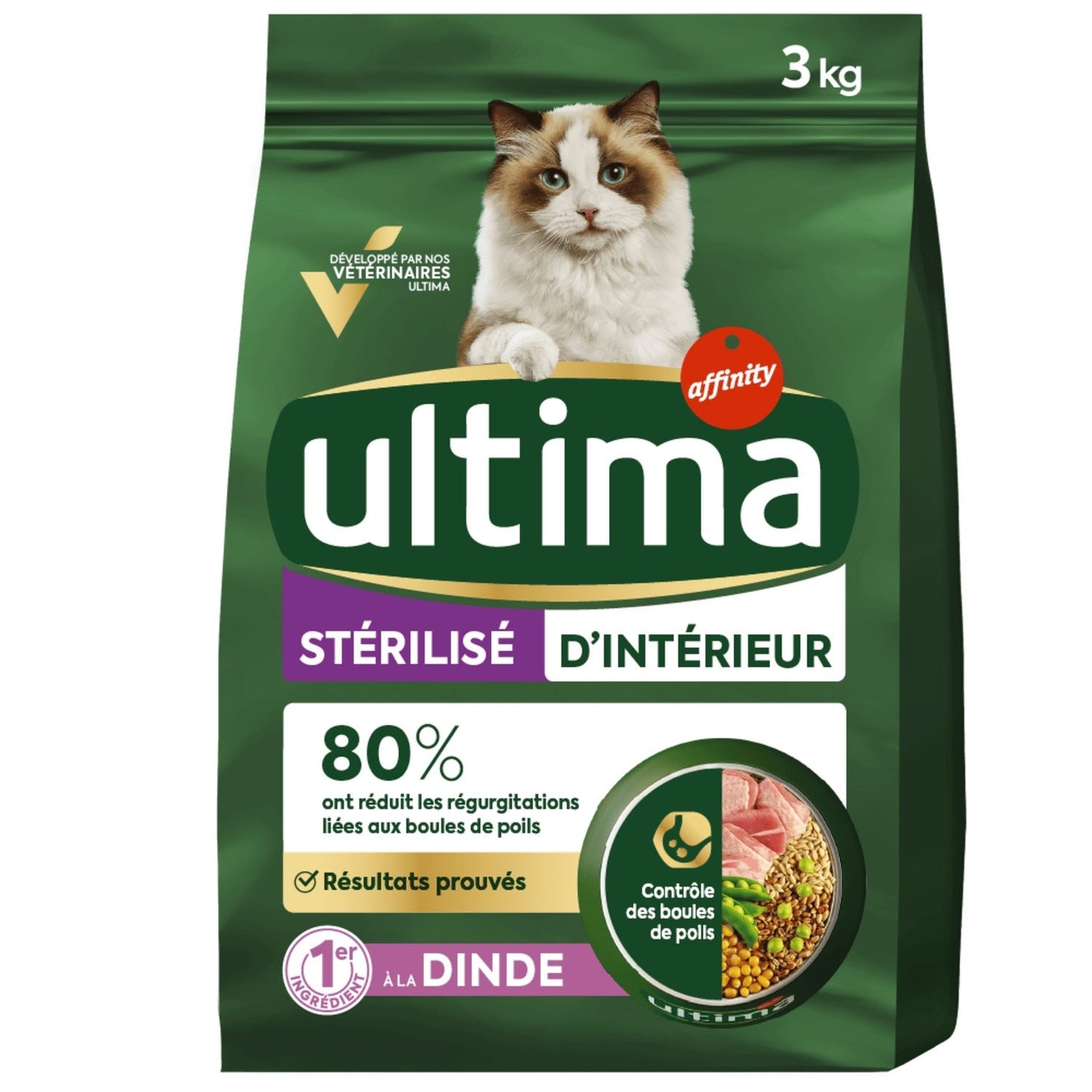 Croquettes pour Chat Adulte Stérilisé d'Intérieur Dinde Orge ULTIMA Le sac de 3kg