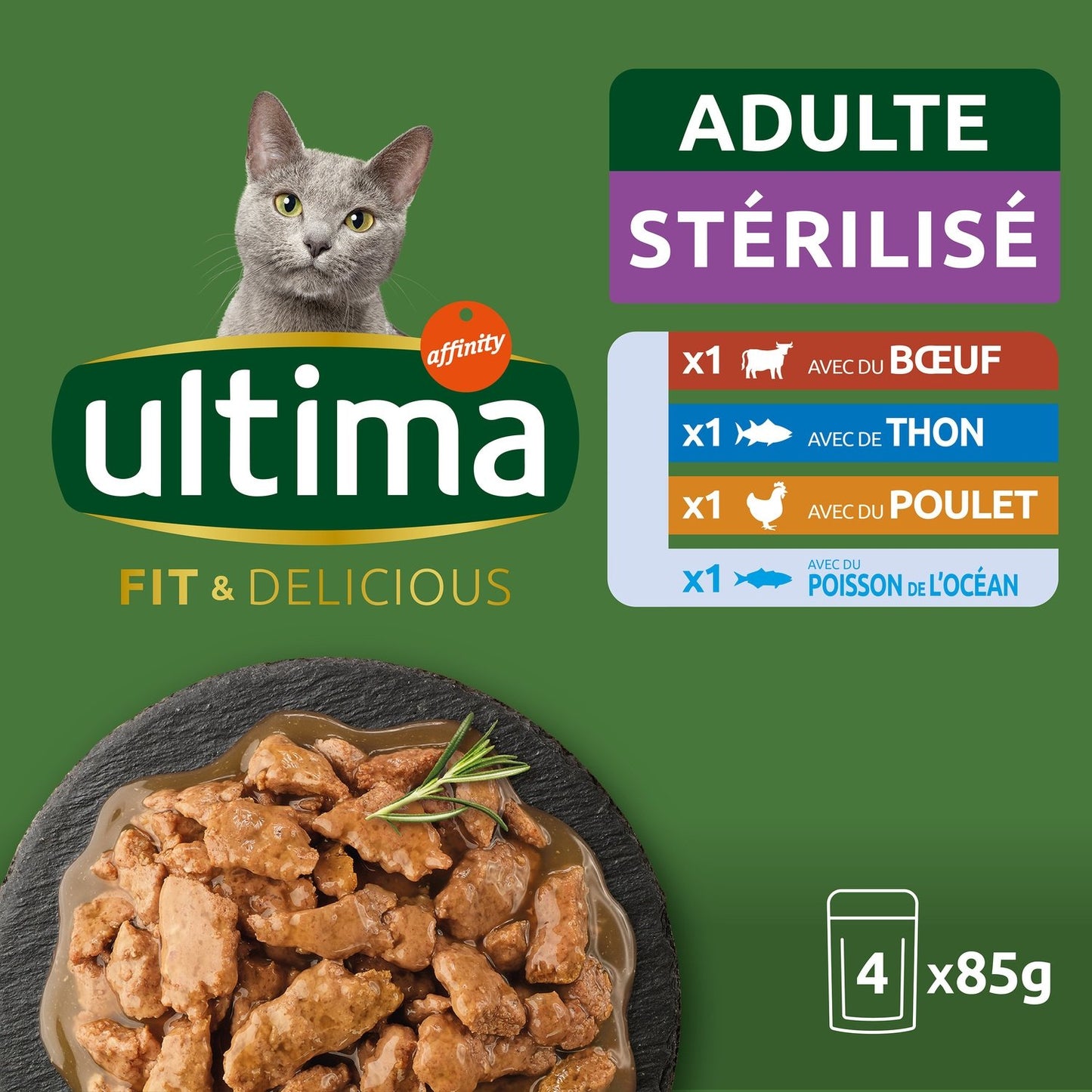 Pâtée pour Chat Adulte Stérilisé en Sauce Boeuf Thon Poulet Poisson Océan Fit & Delicious ULTIMA Les 4 sachets de 85g