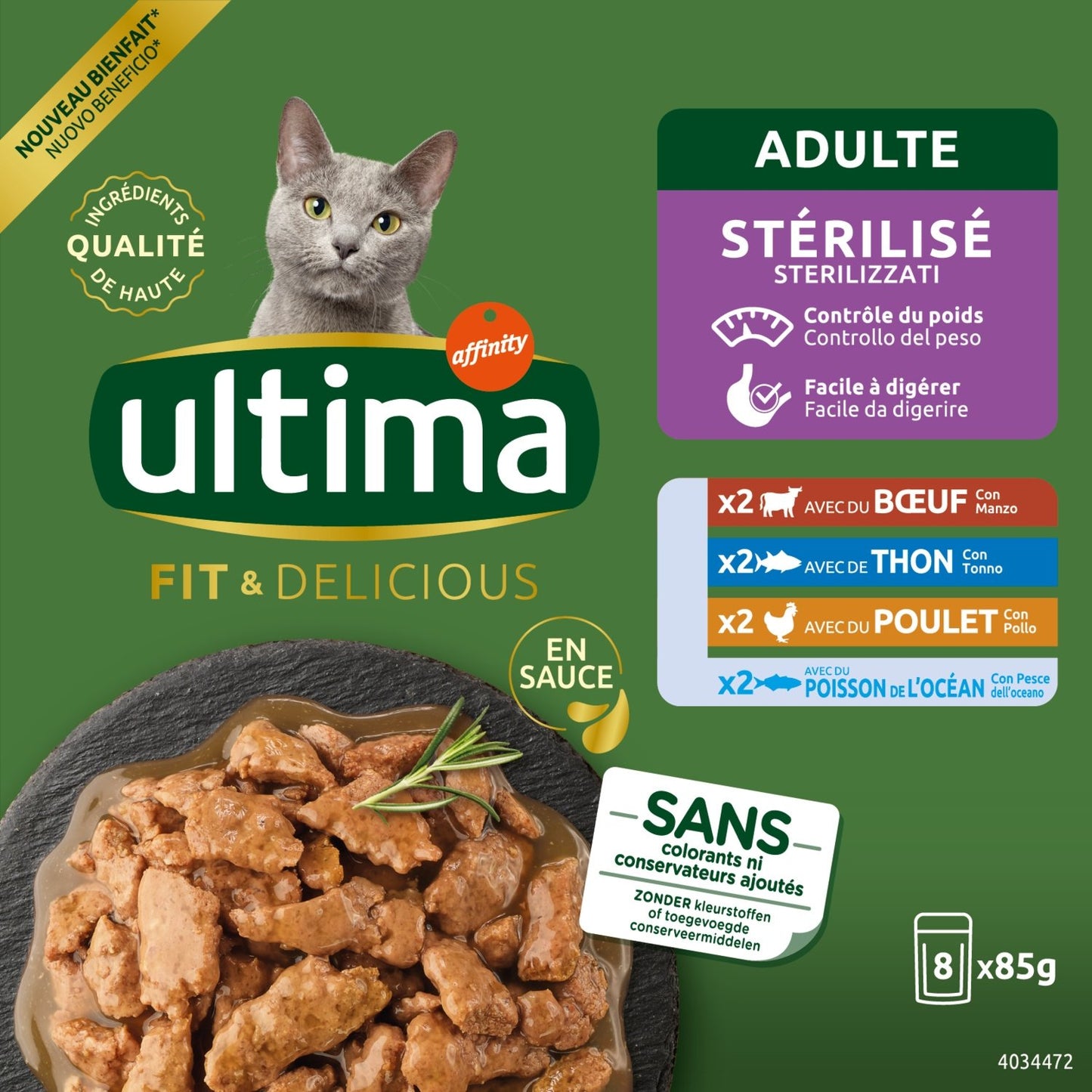 Pâtée pour Chat Adulte Stérilisé au Bœuf, au Thon, au Poulet & aux Poissons de l'Océan ULTIMA