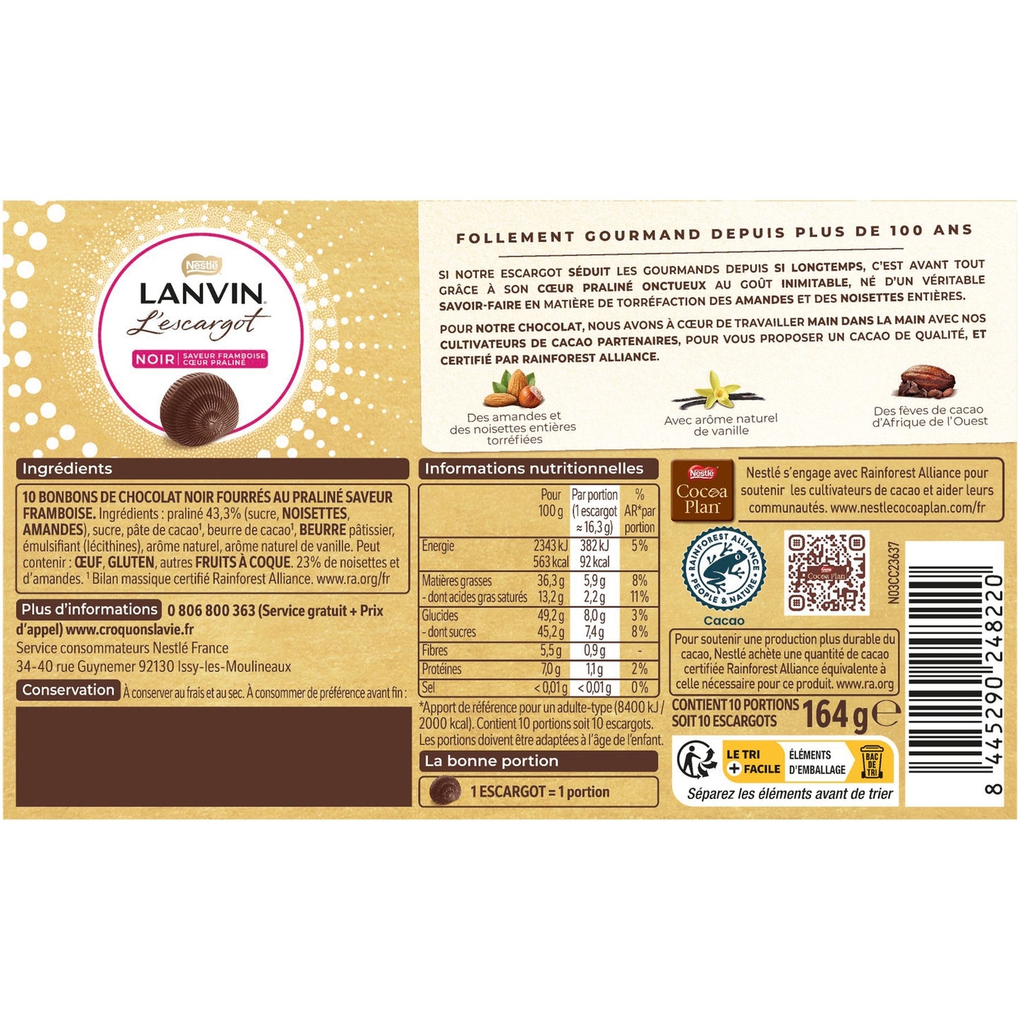 LANVIN Dark Chocolate Filled with Raspberry Praline Snail Flavor