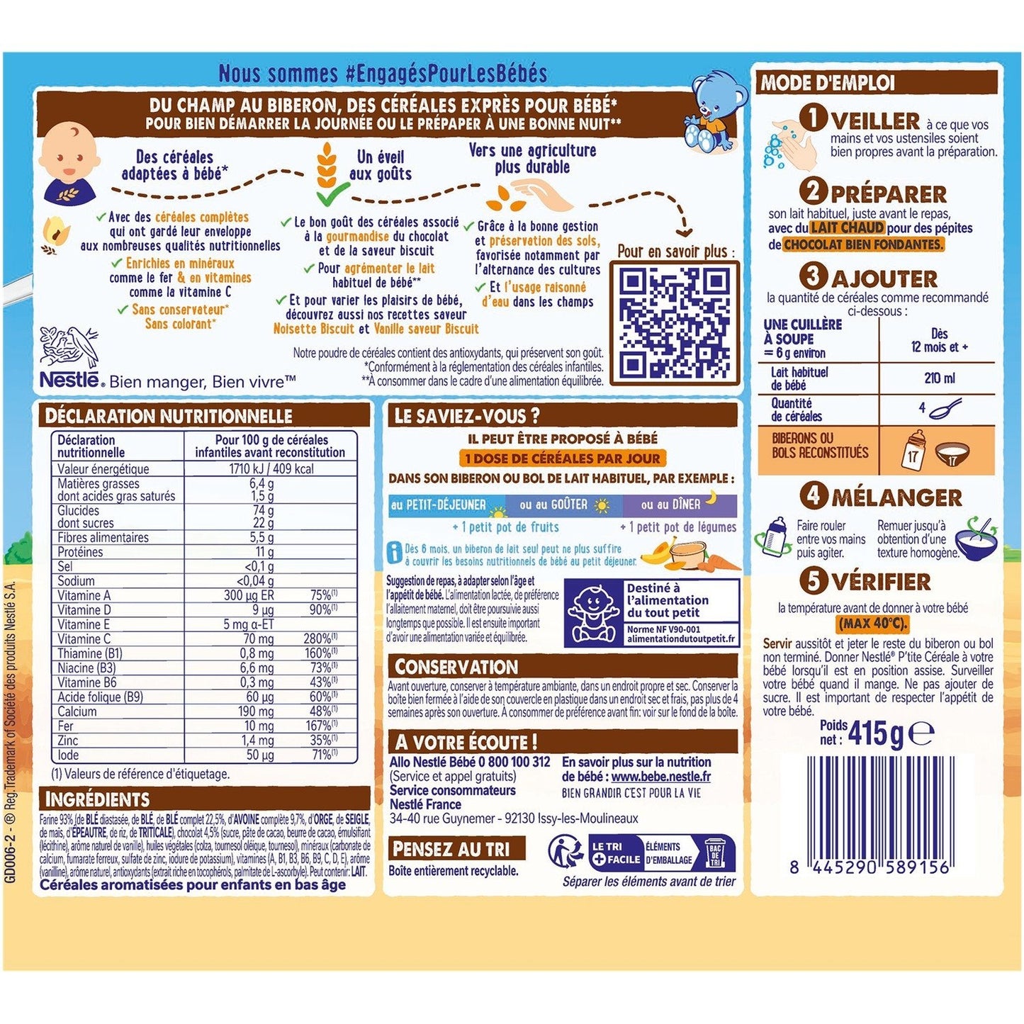 Céréales Bébé Dés 12 Mois Céréales Complètes Chocolat Saveur Biscuit P'tite Céréale NESTLE