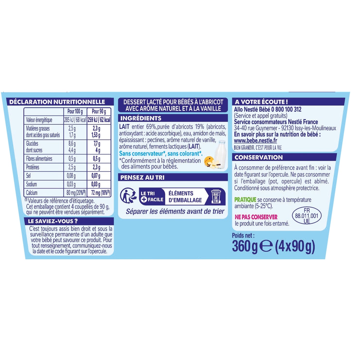 Dessert Bébé Dés 6 A 36 Mois, Abricot Vanille Sans Sucres Ajoutés NESTLE