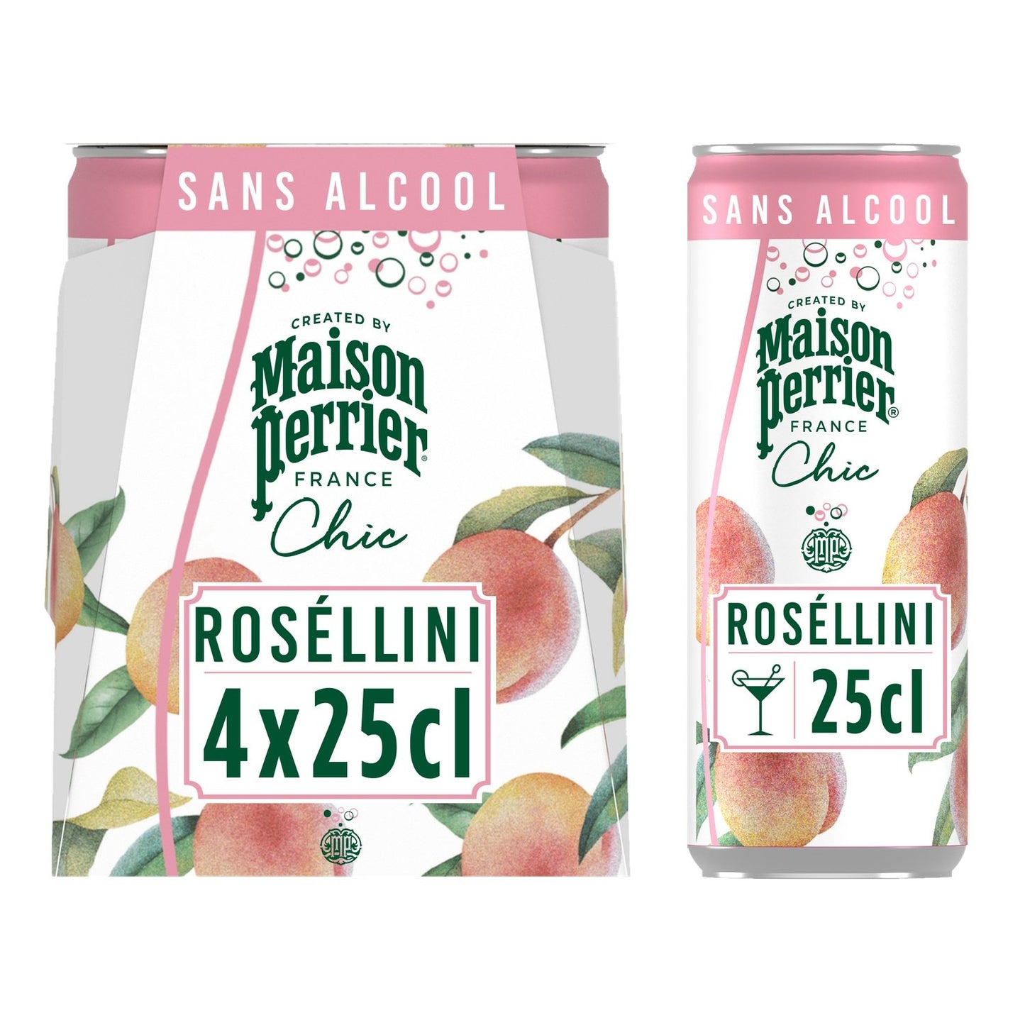 Eau Gazeuse Aromatisée Roséllini Sans Alcool MAISON PERRIER CHIC le pack de 4 canettes de 25cL