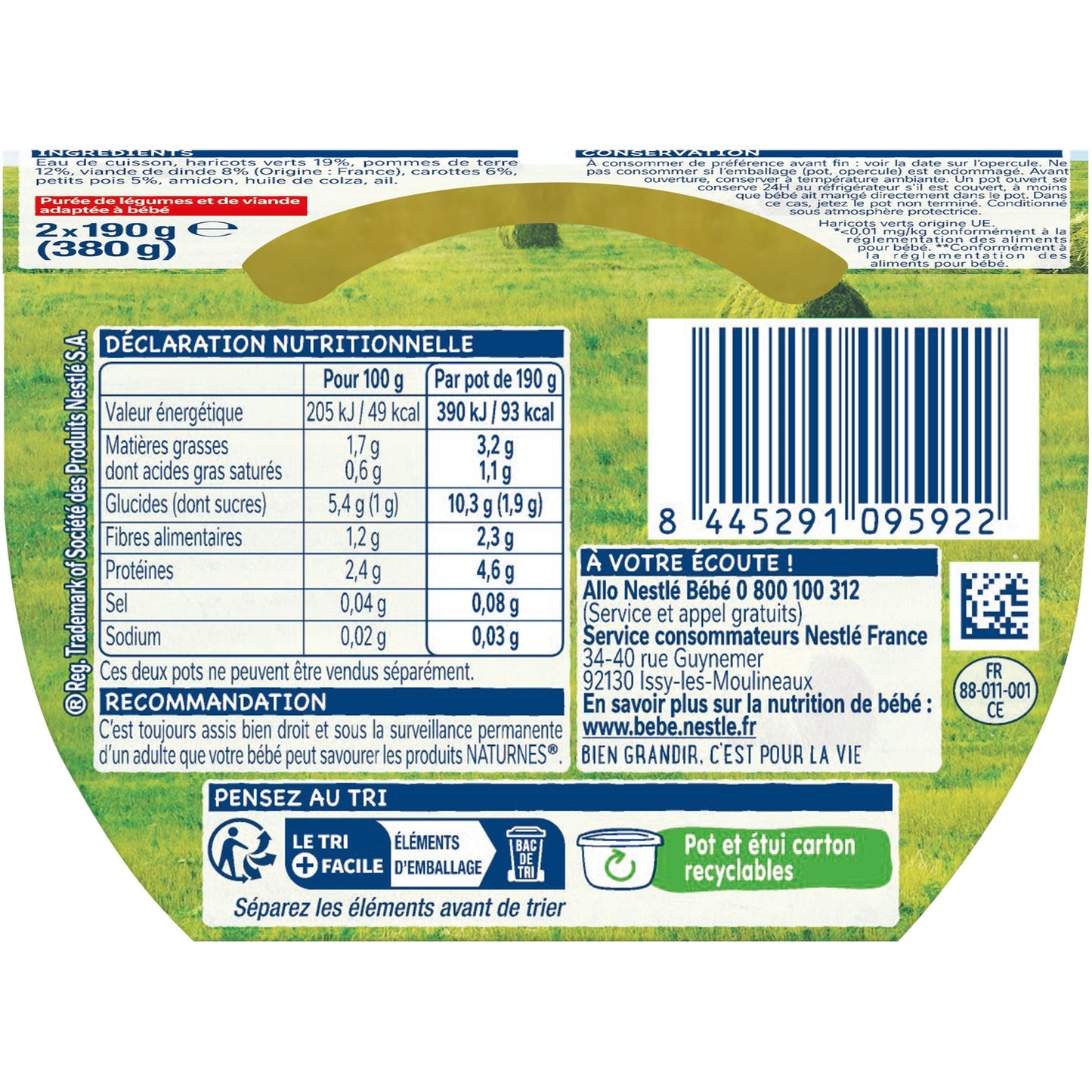 Plat Bébé Dès 6 Mois Haricots Verts et Dindonneau Naturnes NESTLE