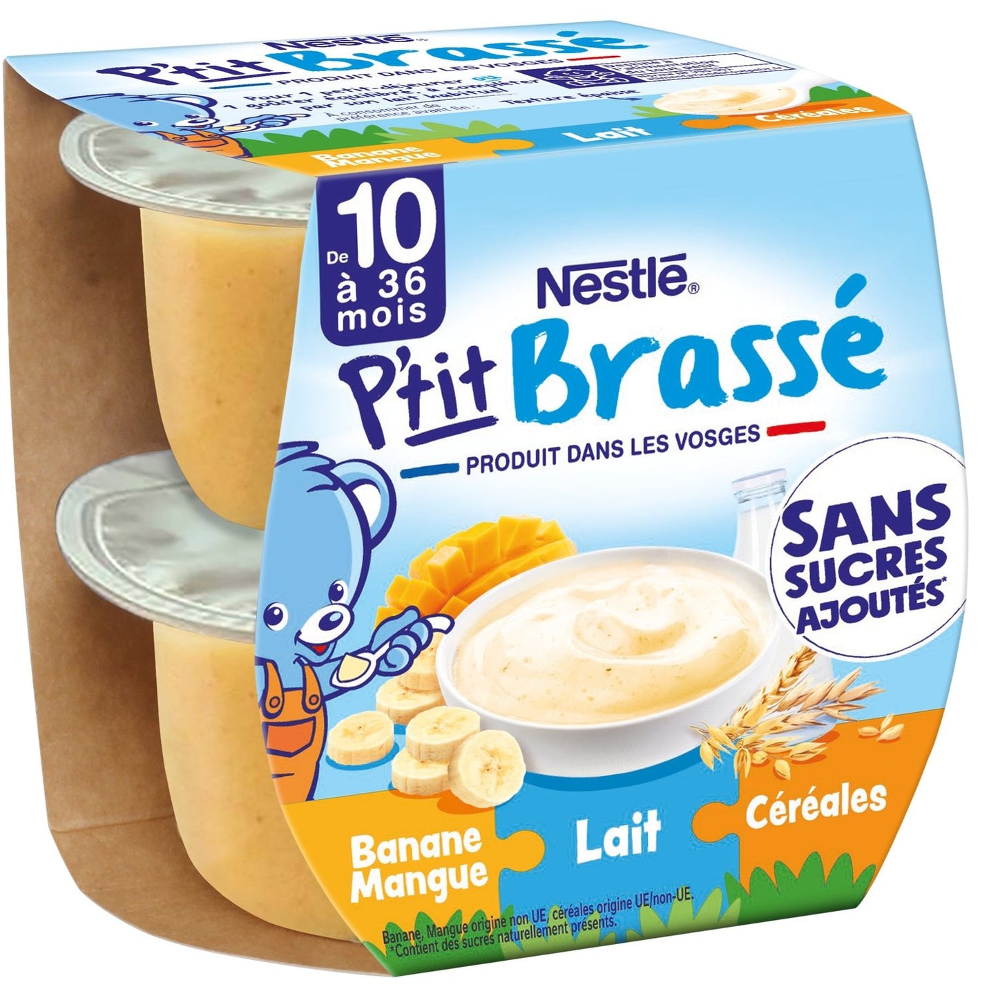 Dessert Bébé Dés 10 Mois, Banane Mangue Lait et Céréales Sans Sucres Ajoutés NESTLE 2 pots de 115g