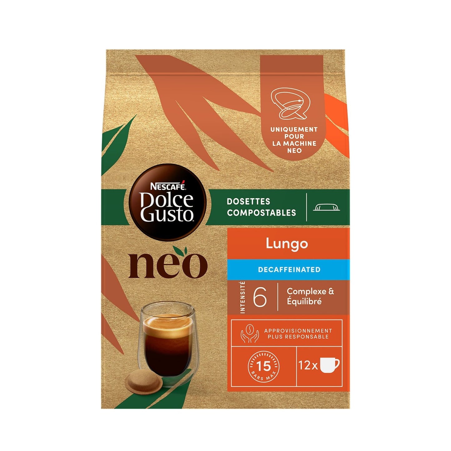 Café Dosettes Lungo Décaféiné Intensité 6 NESCAFE DOLCE GUSTO NEO la boite de 12 capsules