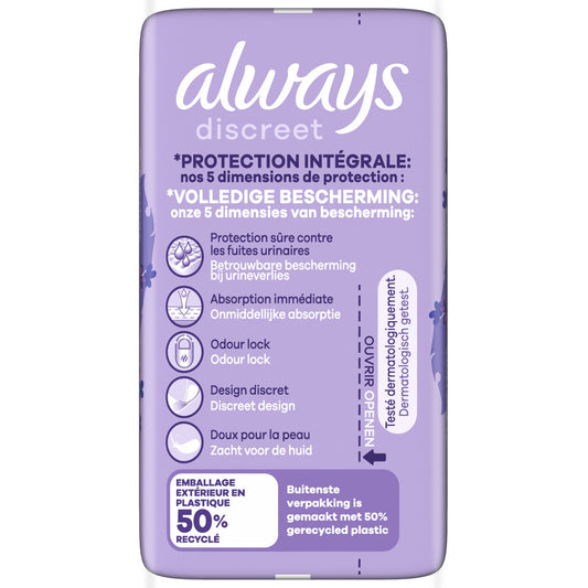 Serviettes Fuite Urinaire Long Discreet Protection Intégrale ALWAYS