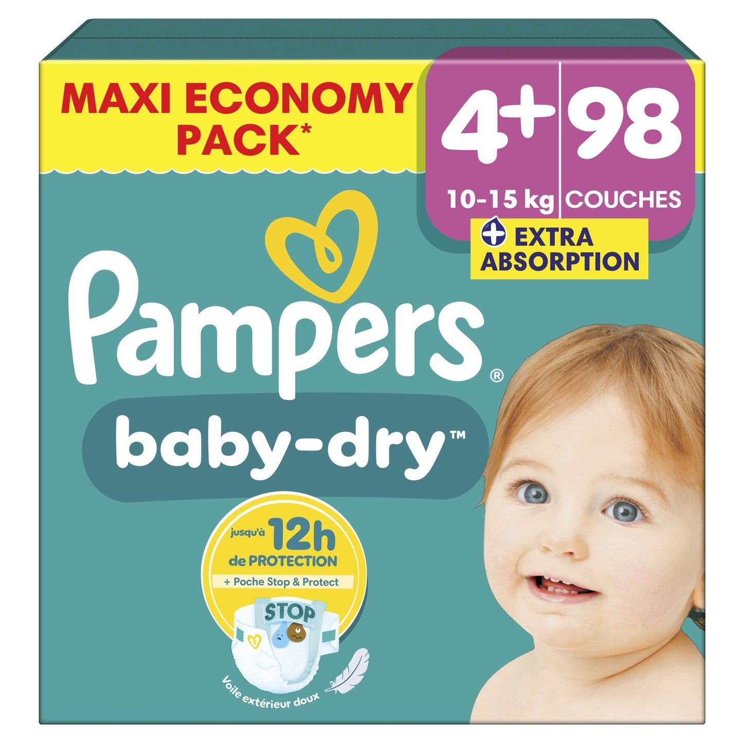 Couches Bébés Baby-Dry 10-15kg Taille 4+ PAMPERS le paquet de 98 couches