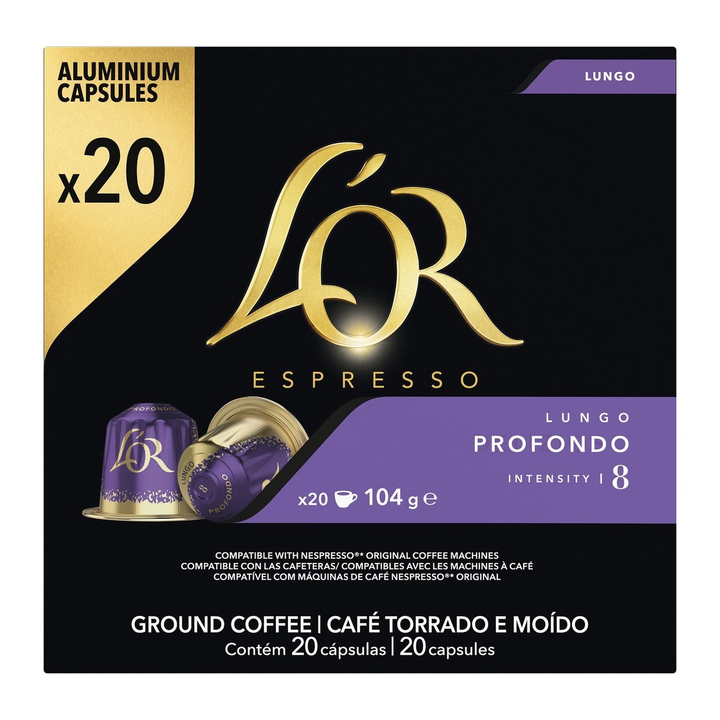 Café Capsules Lungo Profondo Intensité 8 Compatible Nespresso L'OR la boite de 20 capsules