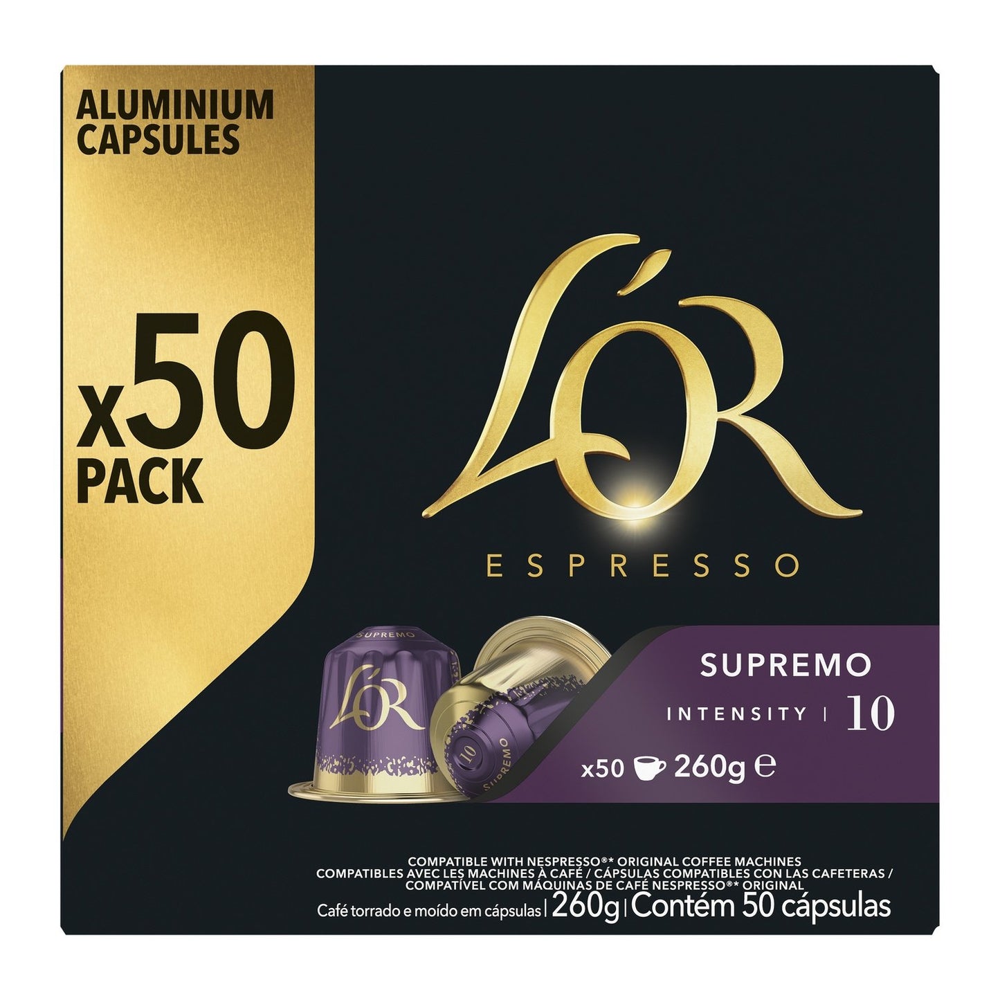 Café Capsules Espresso Intensité 10 Compatible Nespresso L'OR la boîte de 50 capsules