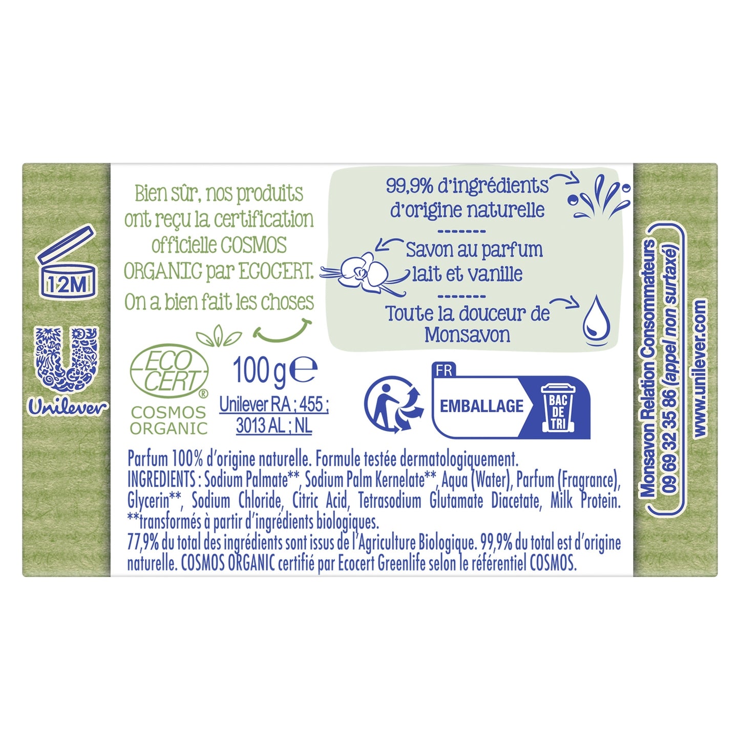 Savon Hydratant Senteur Lait de Vanille Bio MONSAVON