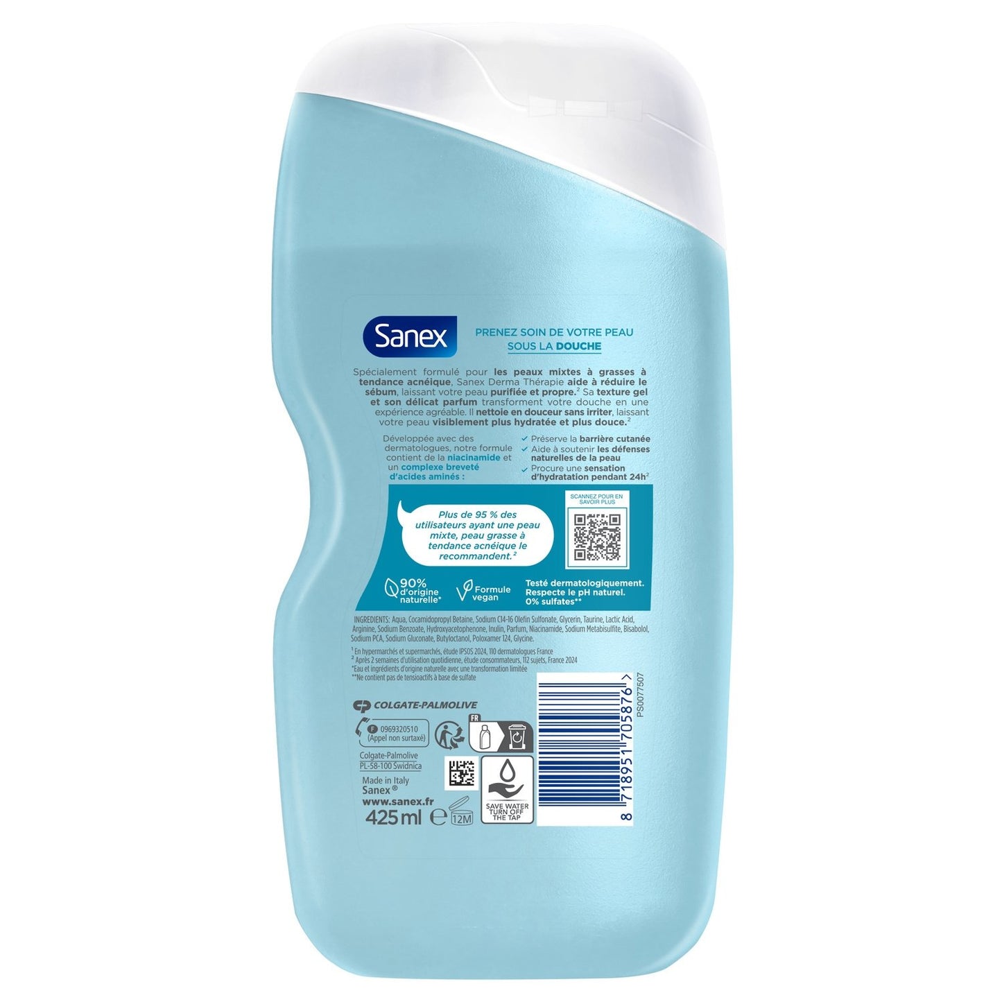 Gel Douche Derma Therapie Peaux Mixtes et Grasses à Tendance Acnéiques Réduction de Sébum SANEX