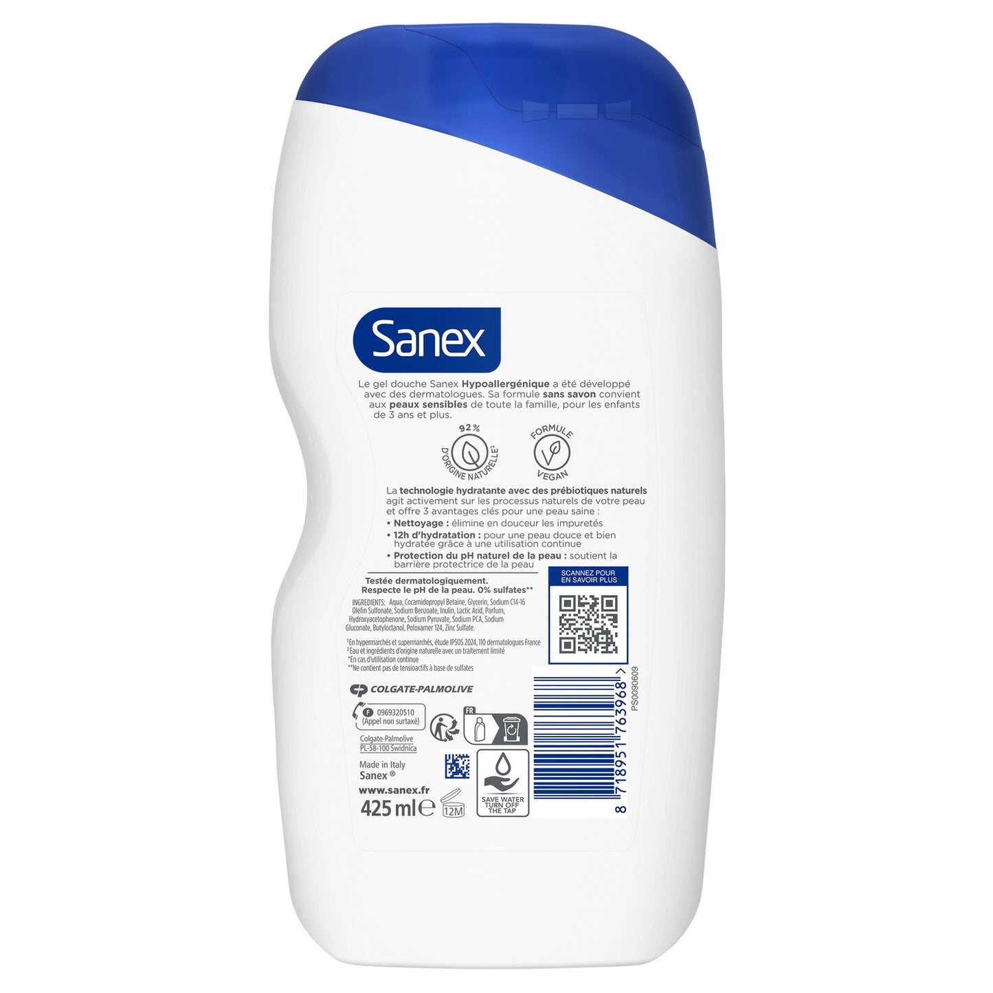 Gel douche Derma Care Hypoallergénique Peaux Sensibles Sans Savon Hydratant Sans Colorants SANEX