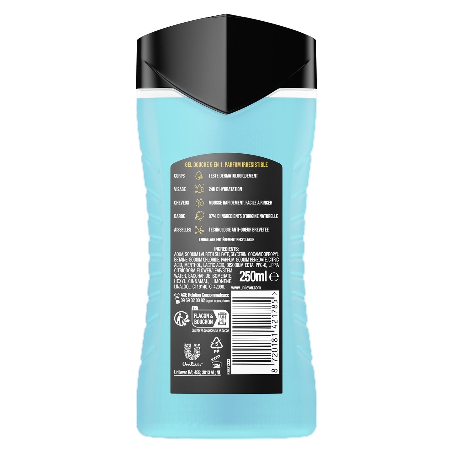 Gel Douche Homme Corps Visage Cheveux Barbe Aisselles Fraîcheur Glaciale Ice Chill AXE