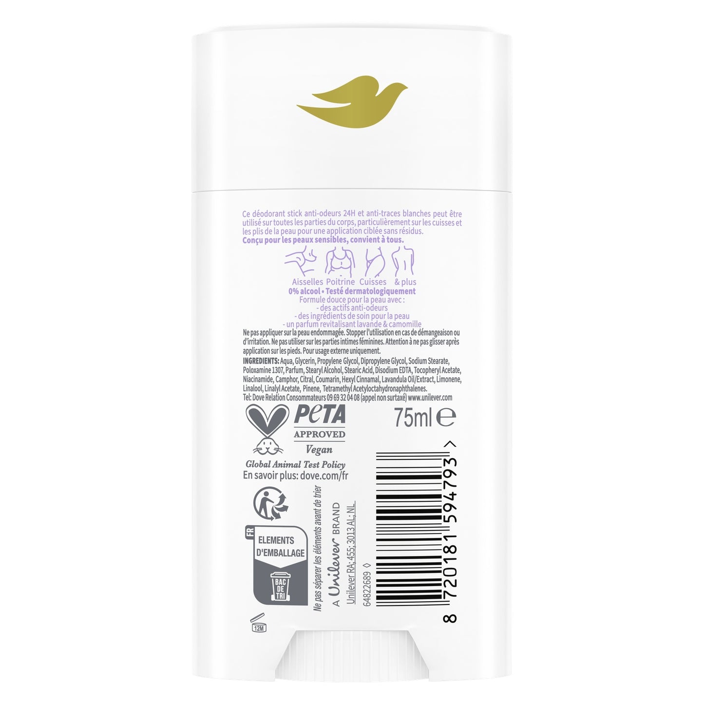 Déodorant Stick 0% Alcool Lavande et Camomille DOVE