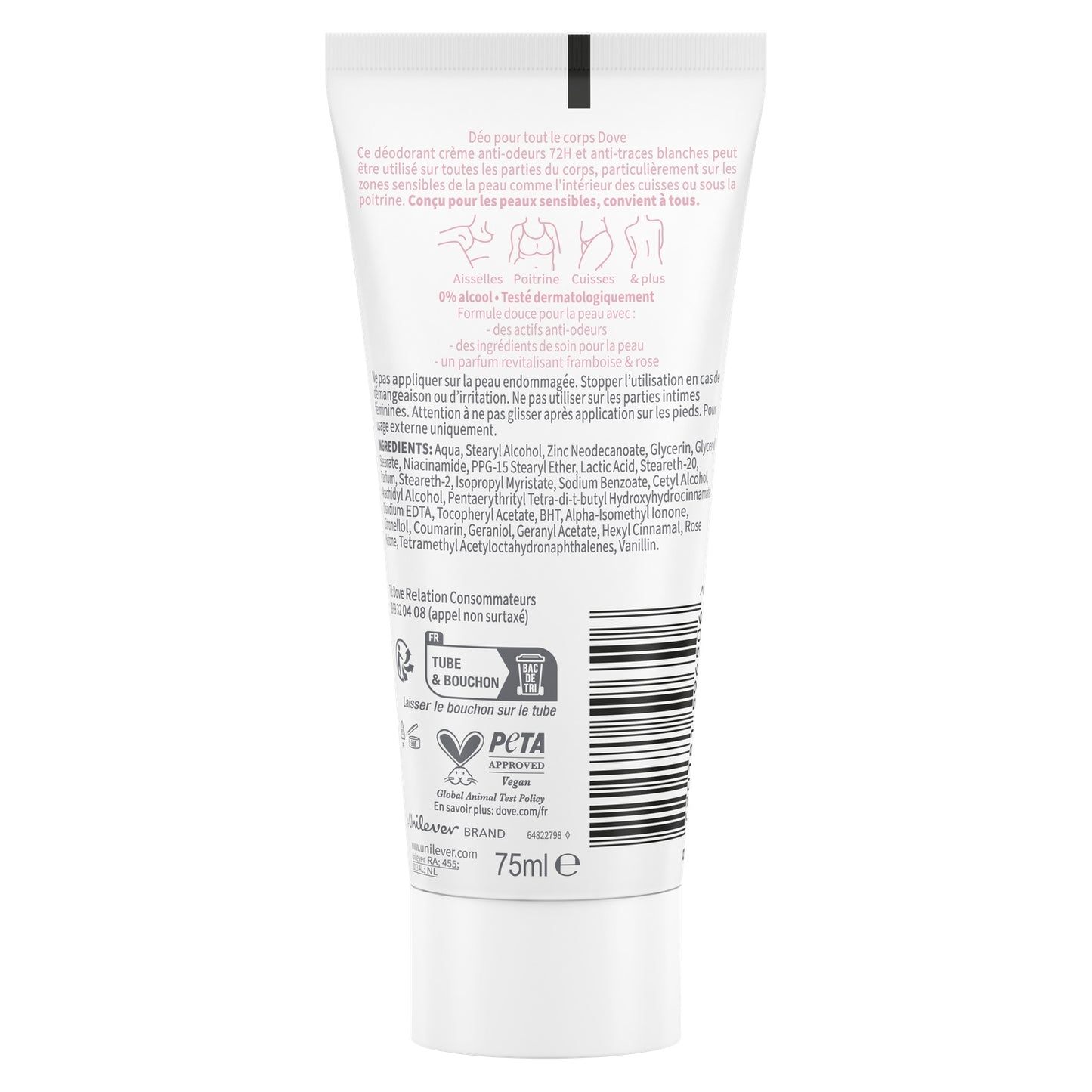 Crème pour Tout le Corps 0% Alcool Peaux Sensibles Framboise et Rose DOVE