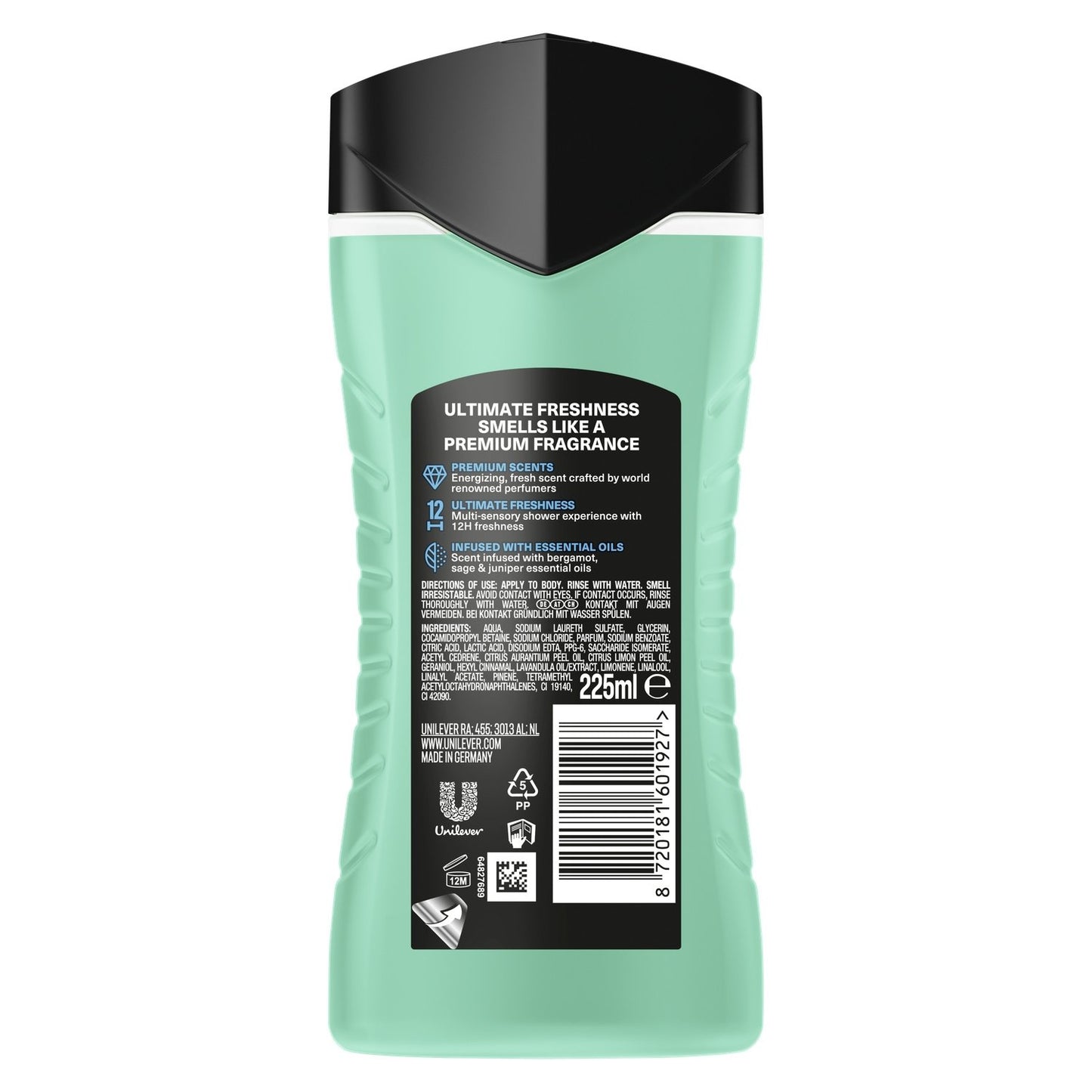 Gel Douche Homme Corps Parfum Frais Huiles Essentielles Bergamote Sauge Genévrier 12h Frais AXE