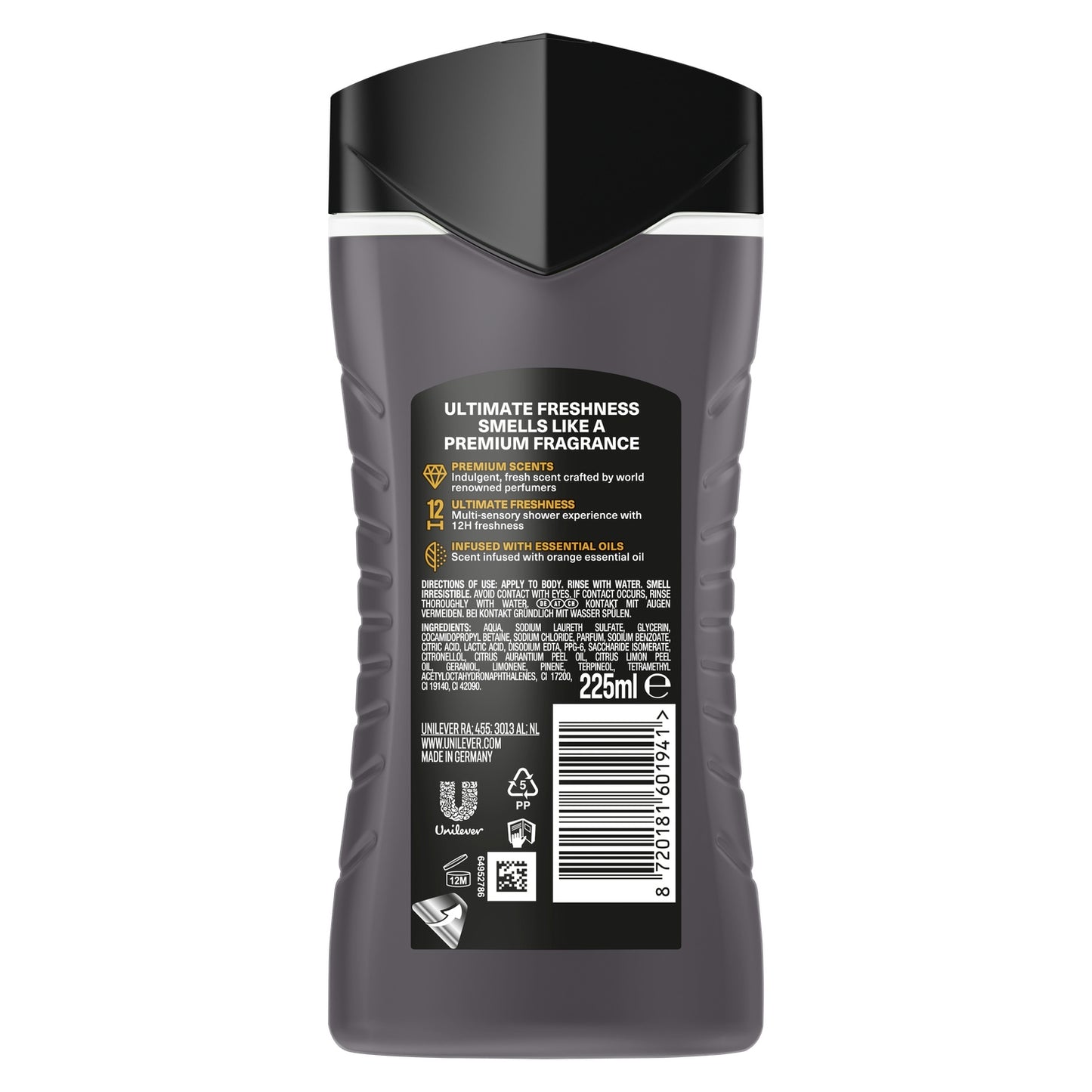 Gel douche Homme Hydratant Parfum Frais Apaisant Vanille Orange Bois de Santal Huile Essentielle d'Orange Premium Black Vanilla AXE