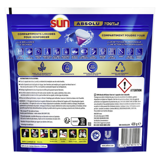 Capsules Lave-Vaisselle Brillance Tout en 1 Absolu SUN