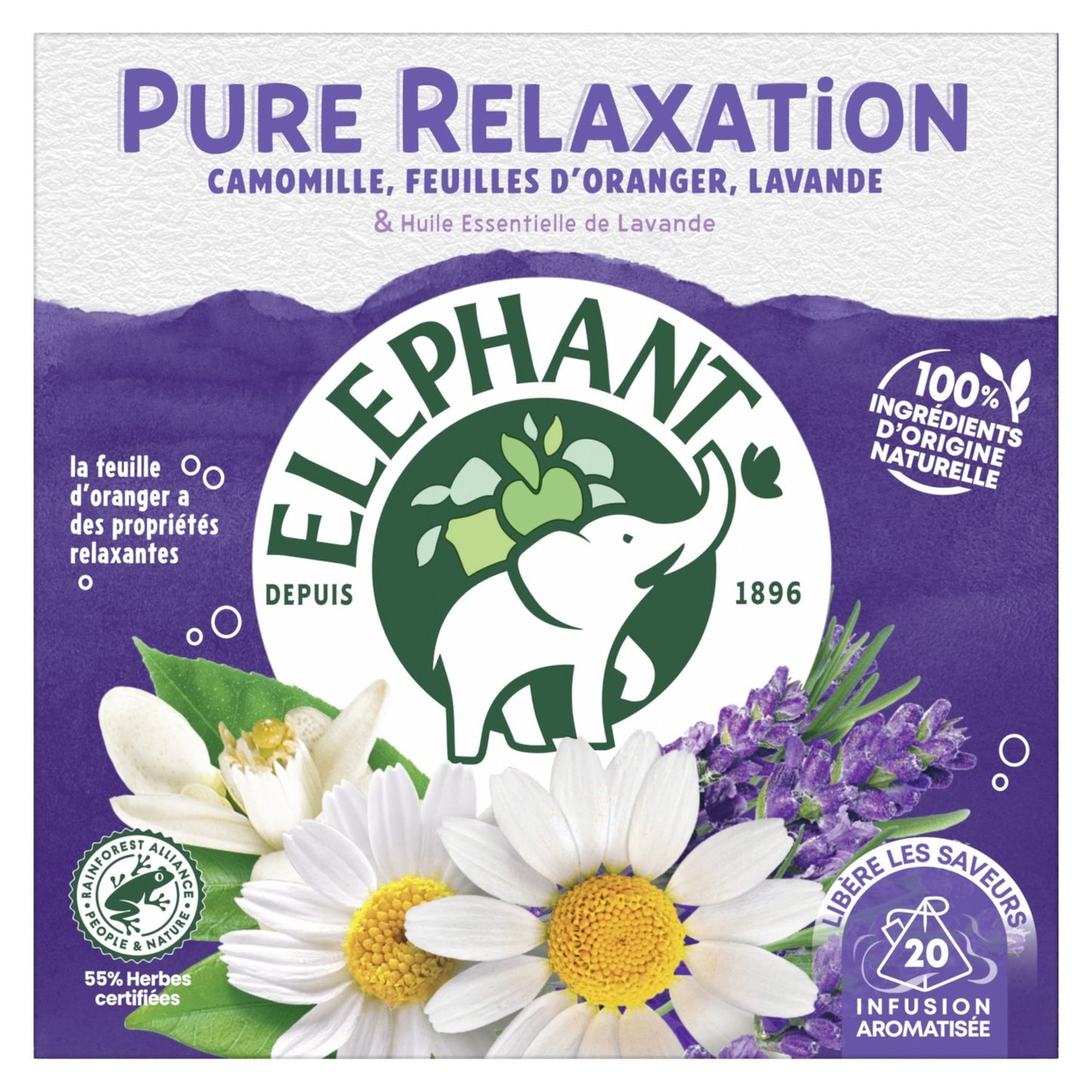 Infusion Camomille Feuilles d'Oranger Lavande Relaxation ELEPHANT la boite de 25 sachets