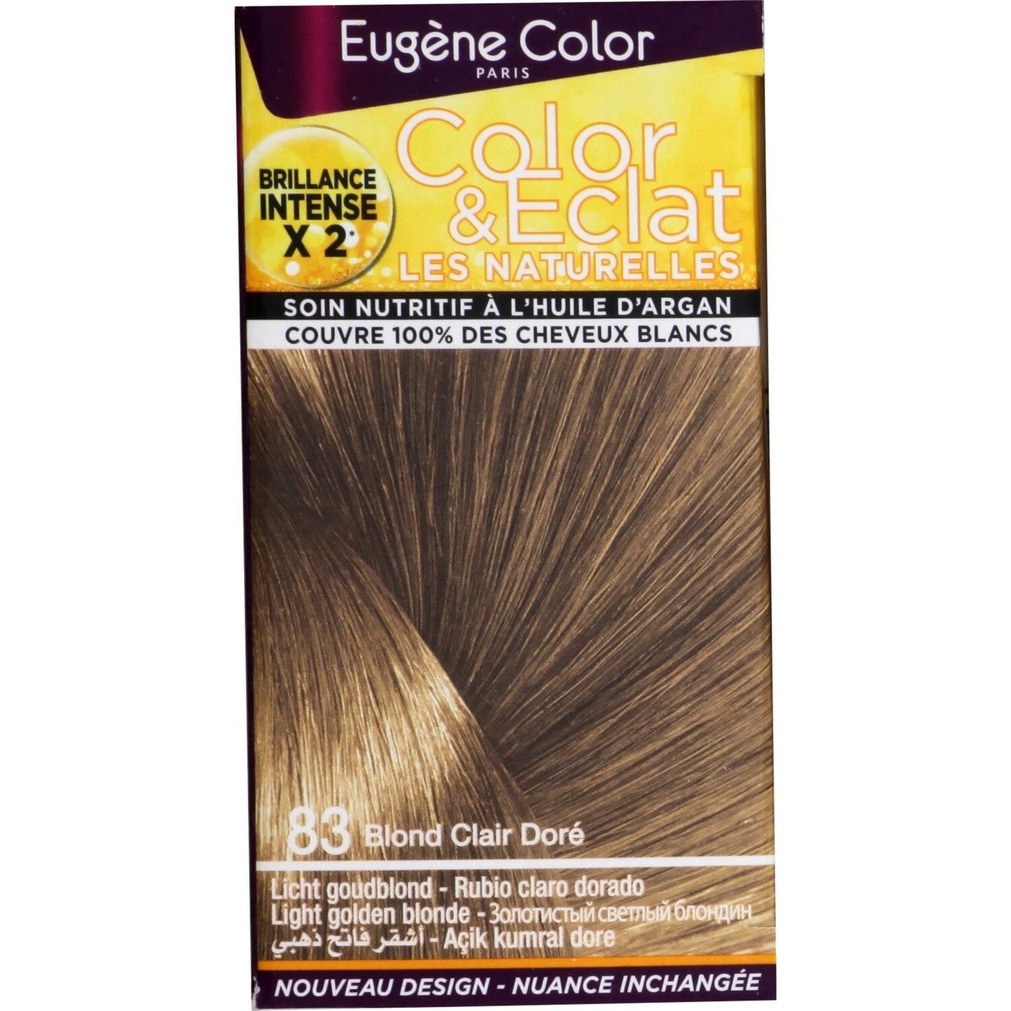 Coloration Permanente 83 Blond Clair Doré Huile d'Argan Couvre 100% Cheveux Blancs Color & Éclat EUGENE COLOR
